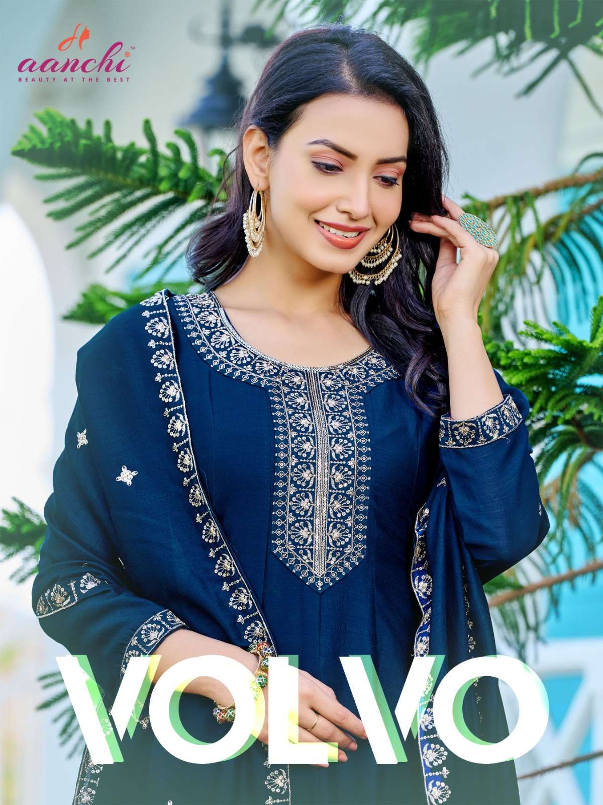 VOLVO VICHITRA SILK EMBROIDERY AND HANDWORK KURTI WITH PANT AND DUPATTA BY AANCHI KURTIS BRAND WHOLE...