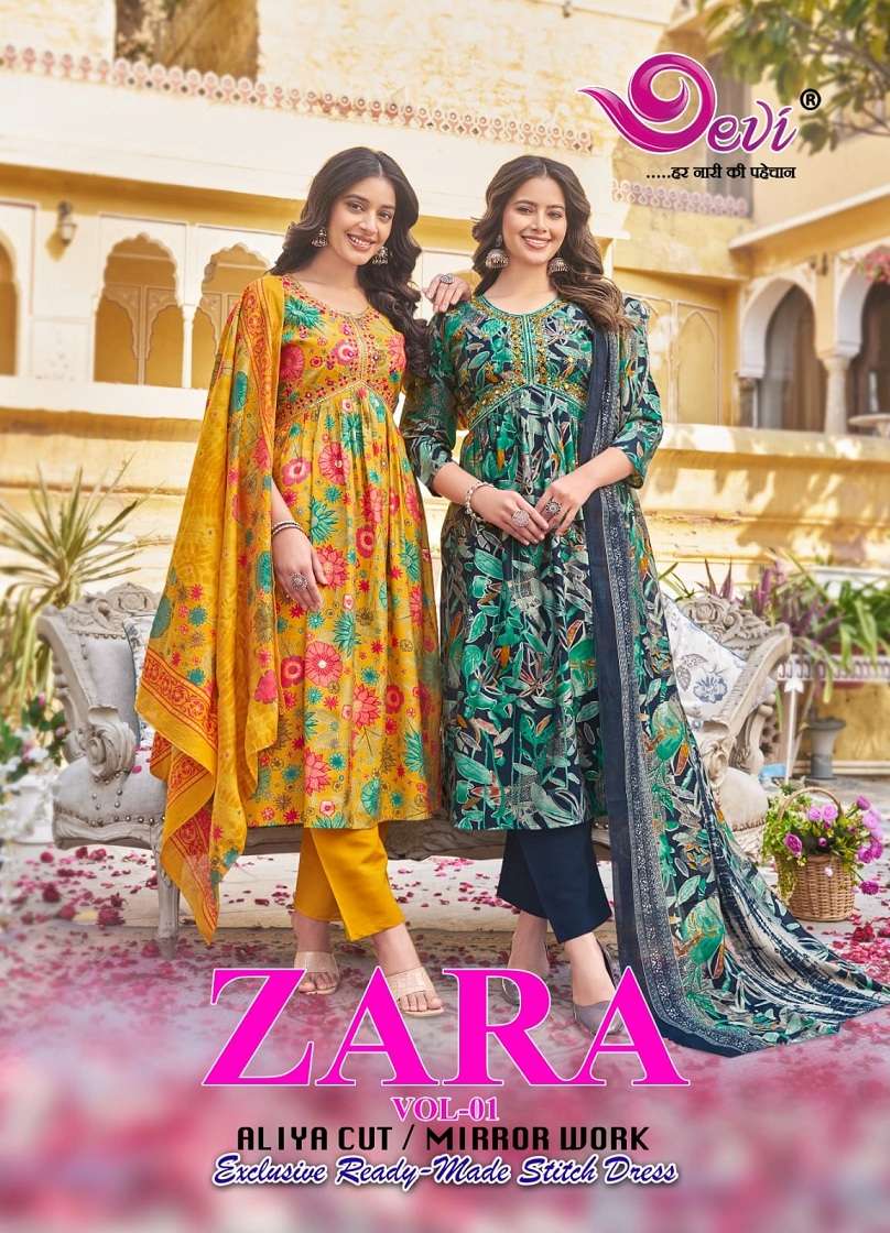 ZARA MASLIN COTTON FOIL PRINTED EMBROIDERY WORK KURTI WITH PANT AND DIGITAL PRINT DUPATTA BY DEVI BR...