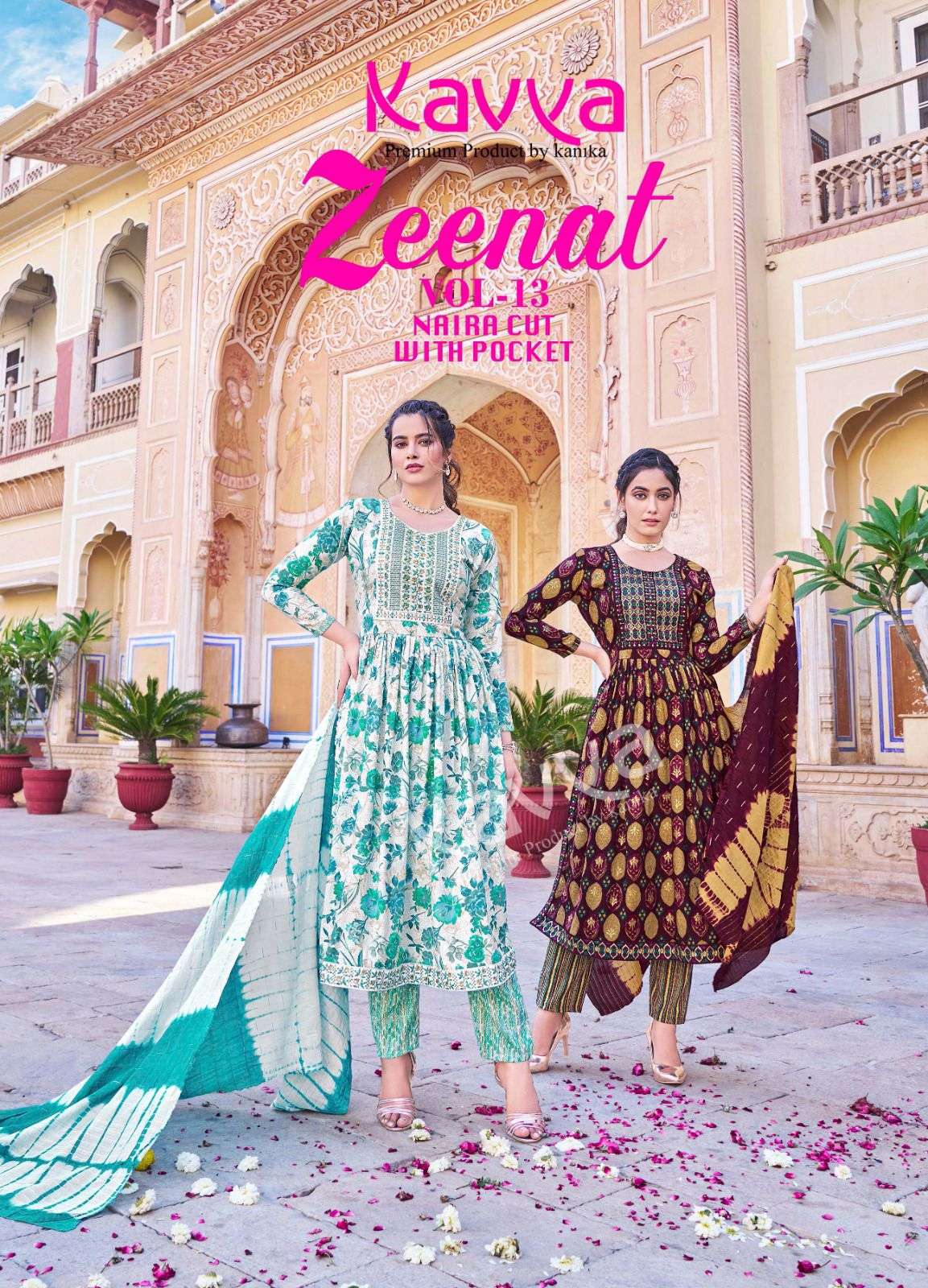 ZEENAT VOL 13 CAPSULE FOIL PRINT EMBROIDERY WORK KURTI WITH PANT AND CHANDERI SQUENCE WORK DUPATTA B...