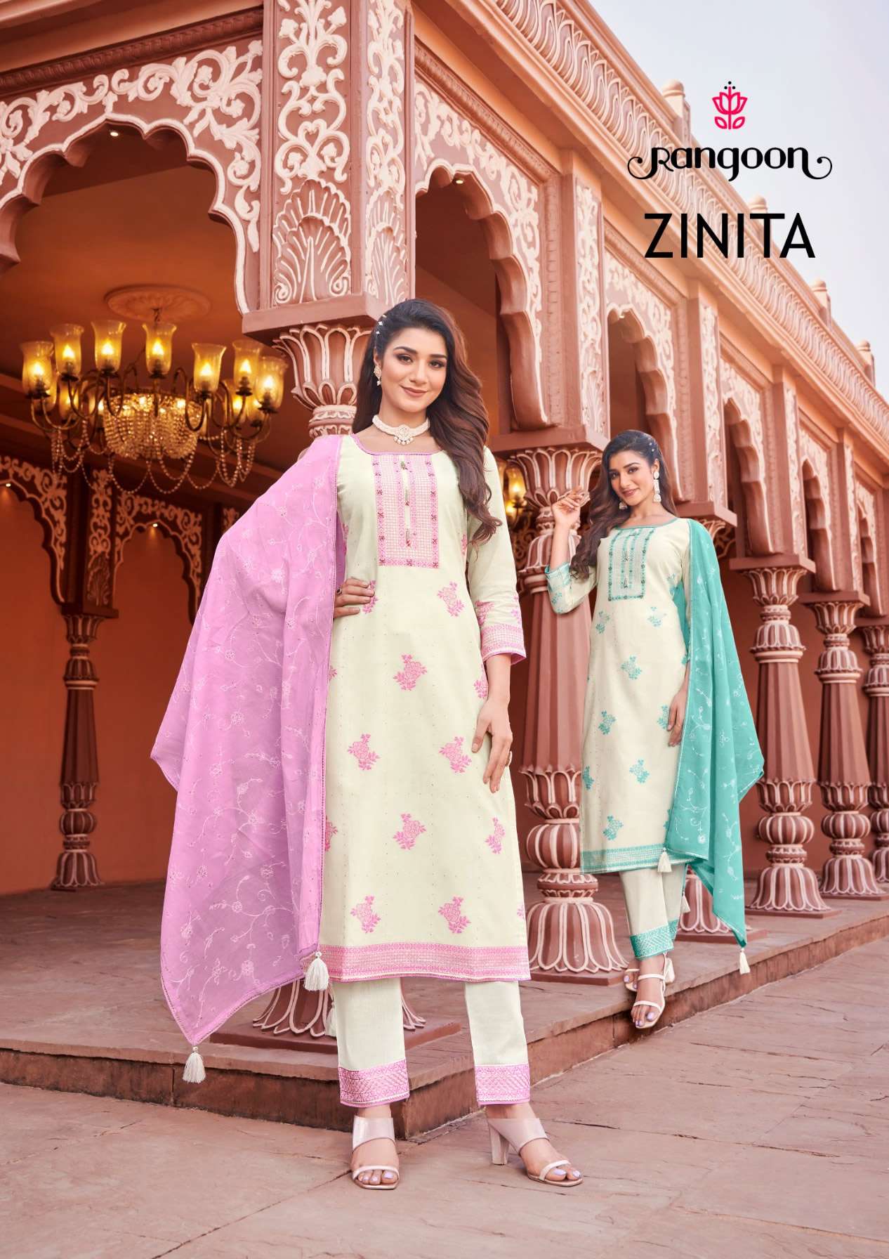 ZINITA PURE COTTON JECARD KHATLI HAND WORK KURTI WITH PANT AND MAL COTTON DUPATTA BY RANGOON BRAND W...