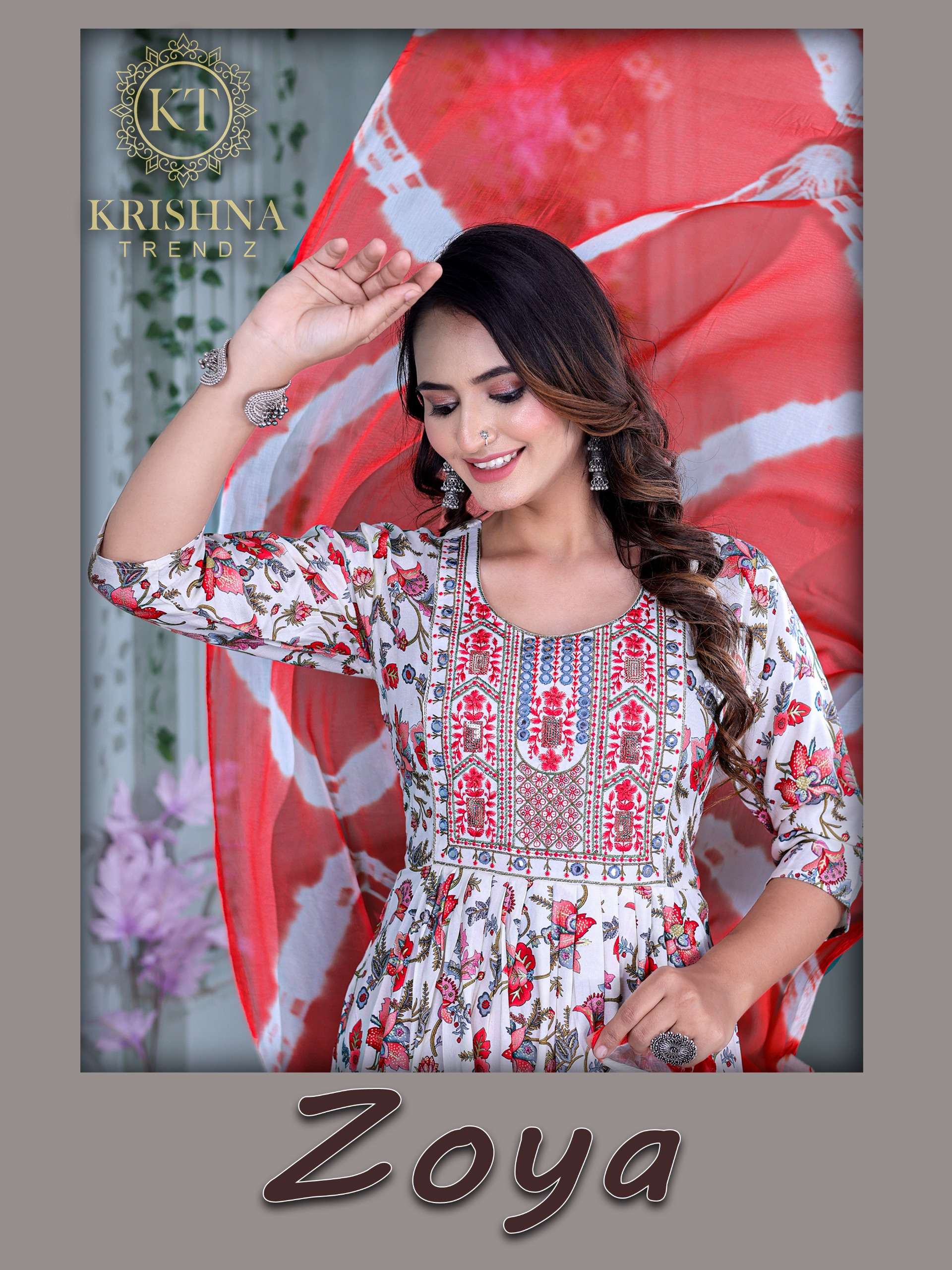 ZOYA 14 KG RAYON PRINT KURTI WITH PANT AND NAJNEEN SABOORI DUPATTA BY KRISHNA TRENDZ BRAND WHOLESALE...