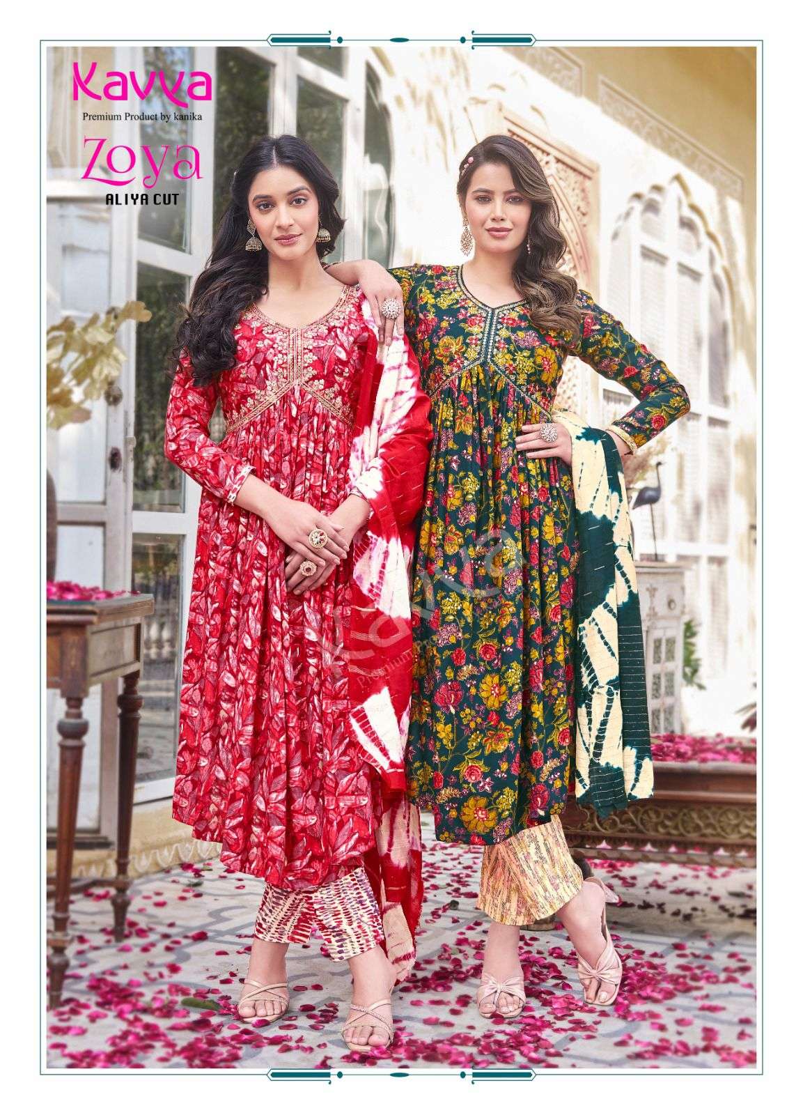 ZOYA RAYON FOIL PRINT EMBRODIERY WORK KURTI WITH PANT AND CHANDERI COTTON DUPATTA BY KAVYA BRAND WHO...