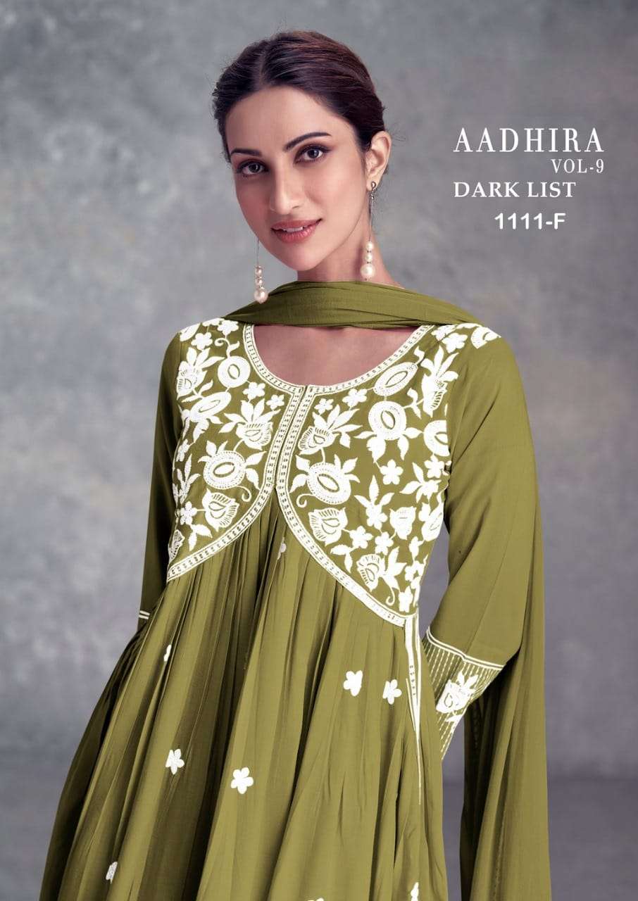 AADHIRA VOL 9 DARK LIST REYON VISCOS FABRIC LAKHNAWI EMBROIDERY WORK ALIA CUT KURTI WITH COTTON LYCR...