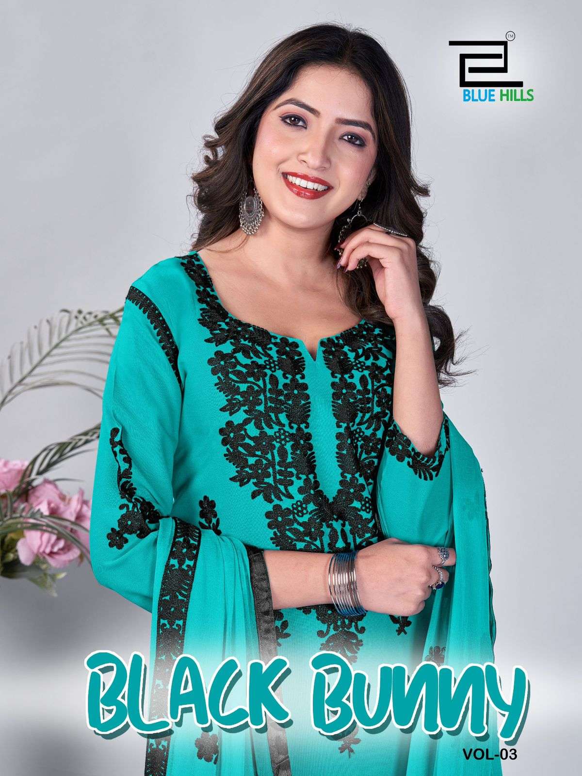 BLACK BUNNY 14 KG RAYON BLACK THREAD WORK KURTI WITH PANT AND NAZNIN DUPATTA BY BLUE HILLS BRAND WHO...