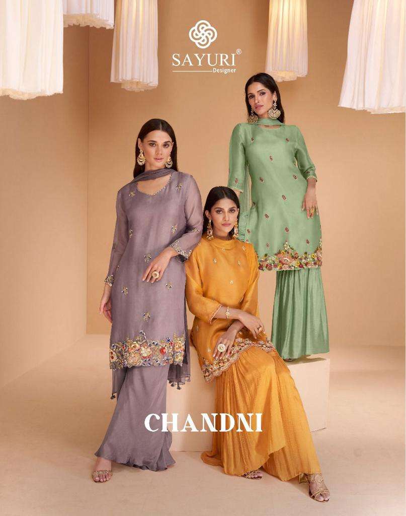 CHANDNI PURE ORGANZA SILK EMBROIDERY AND HANDWORK KURTI WITH  SHARARA AND NET DUPATTA BY SAYURI DESI...