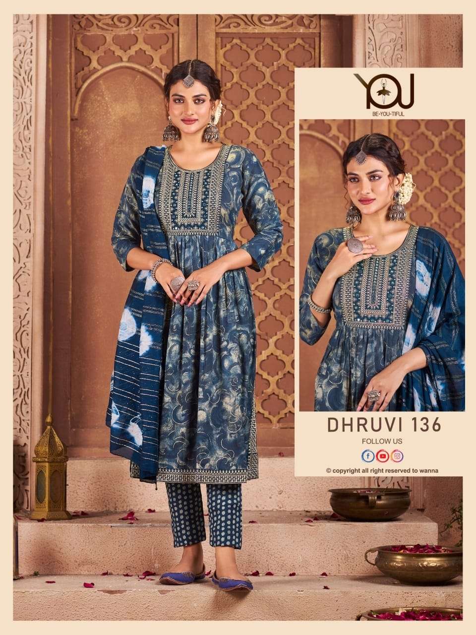 DHRUVI PURE MODAL HEAVY EMBROIDERY WORK KURTI WITH PANT AND DUPATTA BY WANNA BRAND WHOLESALER AND DE...