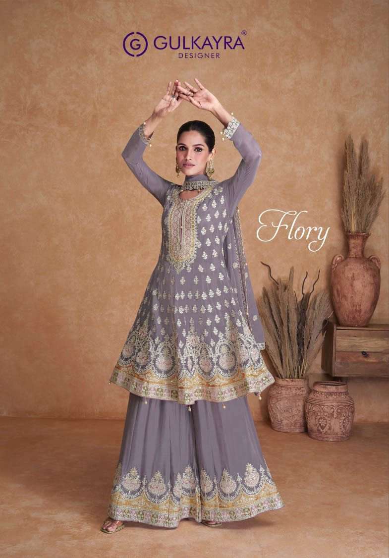 FLORY REAL CHINON HEAVY EMBROIDERY AND HANDWORK KURTI WITH SHARARA AND DUPATTA BY GULKAYRA BRAND WHO...