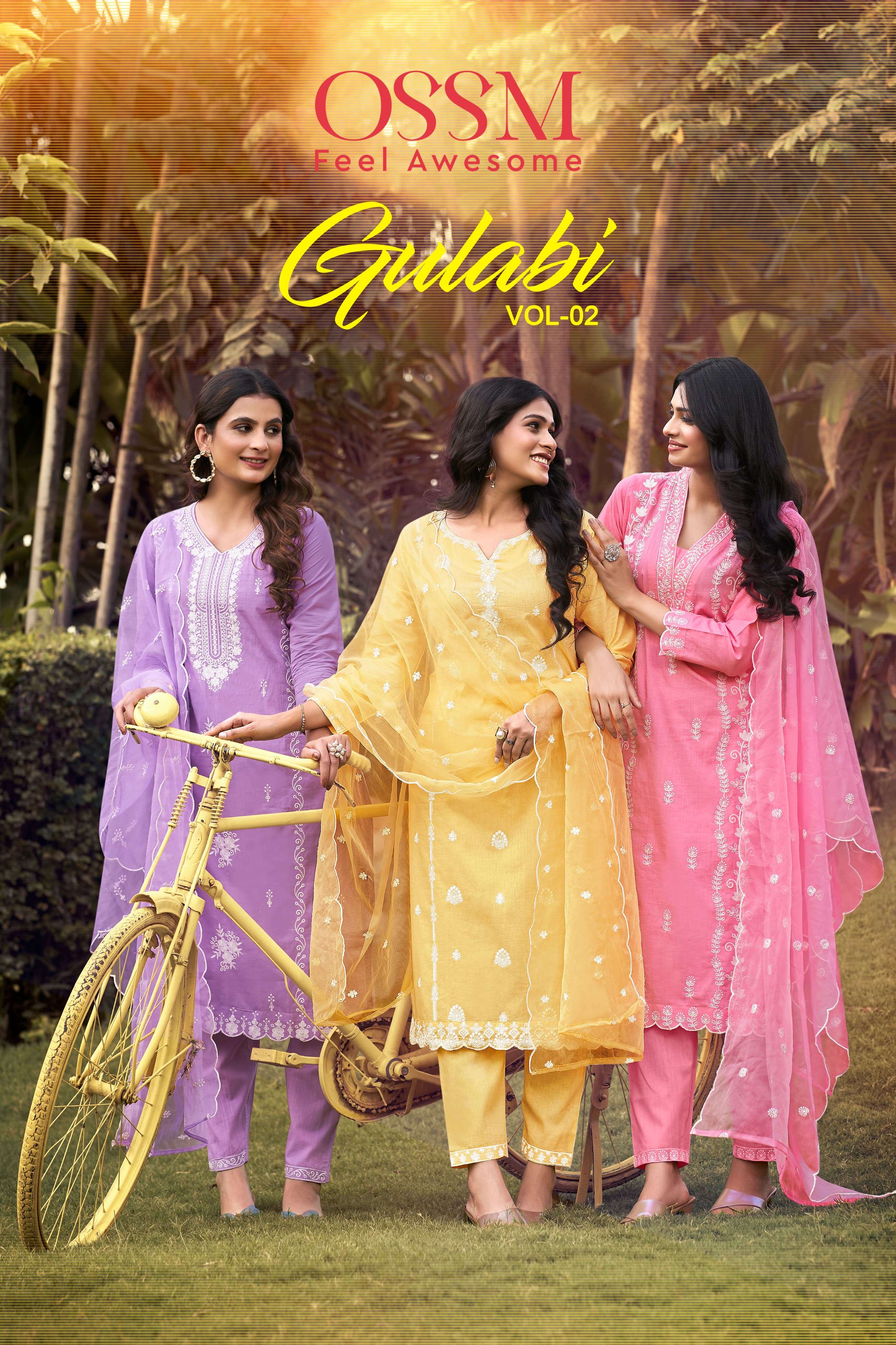 GULABI VOL 2 PURE COTTON EMBROIDERY WORK KURTI WITH PANT AND ORGANZA DUPATTA BY OSSM BRAND WHOLESALE...