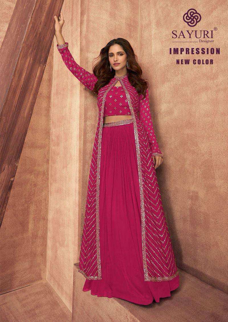IMPRESSION NEW COLOR CHINON SILK HANDWORK CROP TOP WITH SKIRT AND SHRUG BY SAYURI DESIGNER WHOLESALE...
