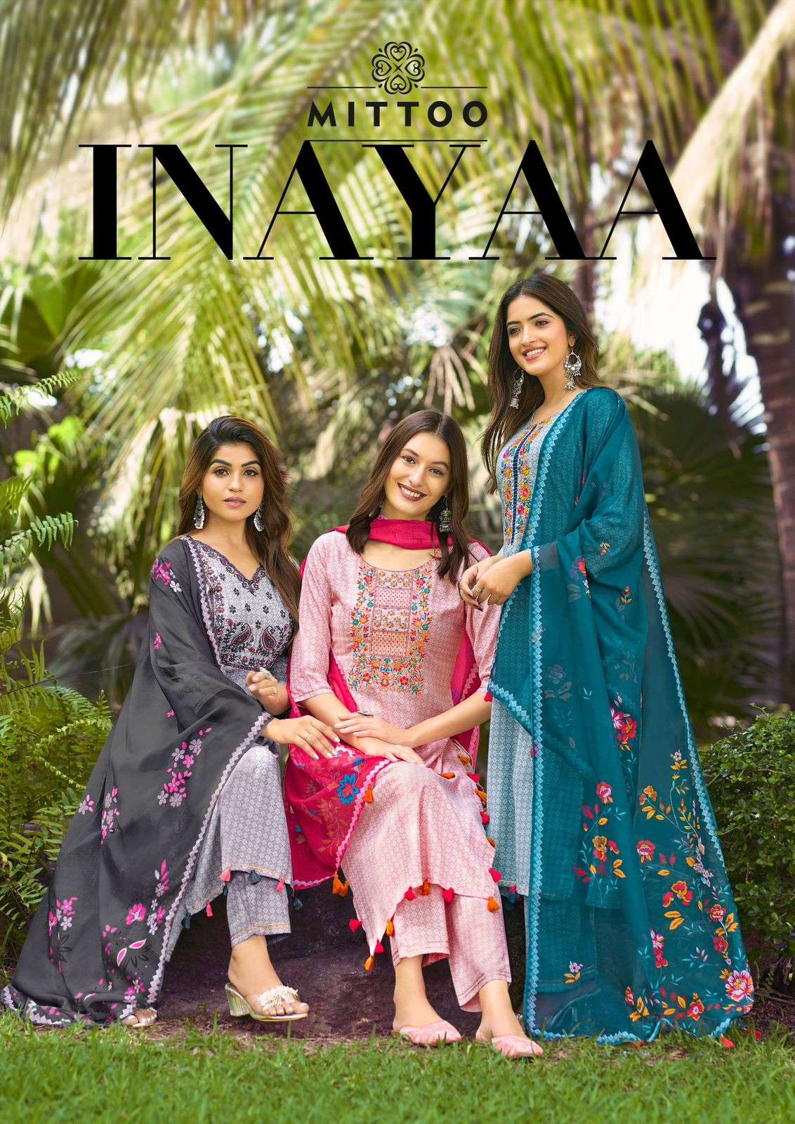 INAYAA RAYON PRINT THREAD AND HANDWORK KURTI WITH PANT AND ORGENZA  DUPATTA BY MITTOO BRAND WHOLESAL...