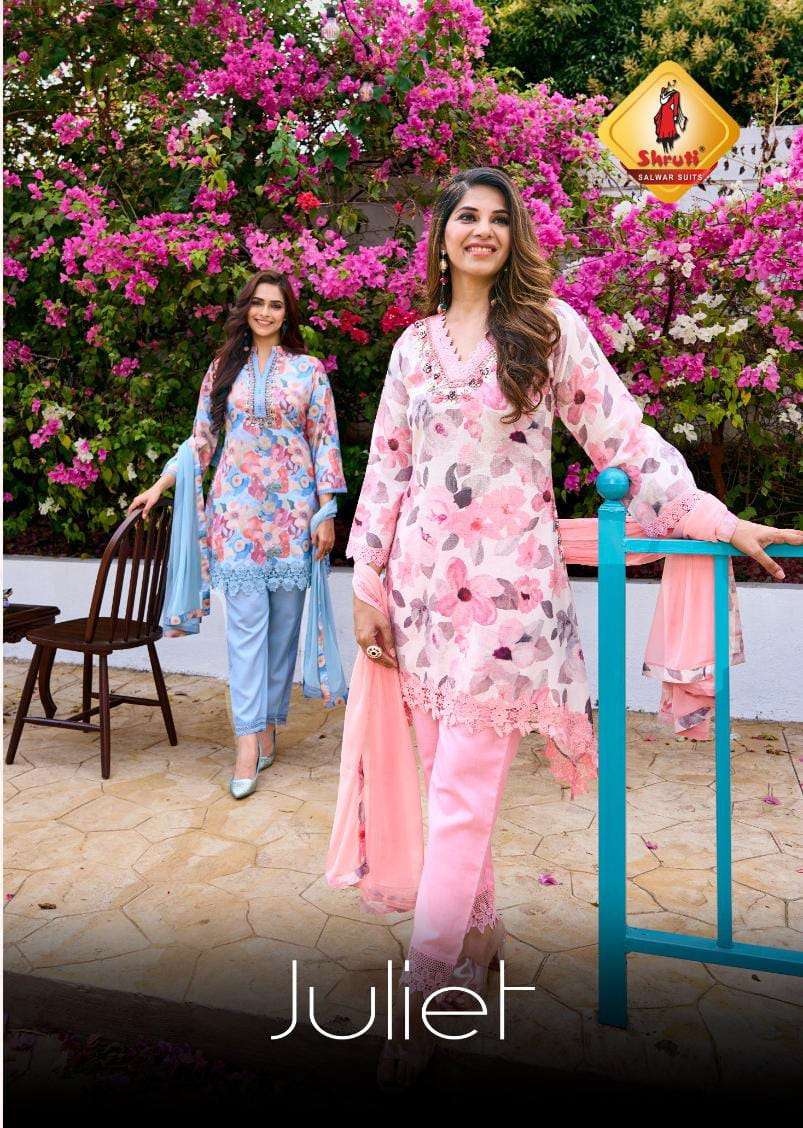 JULIET PURE COTTON LINEN DIGITAL PRINT THREAD AND MIRROR HANDWORK KURTI WITH PANT AND CHIFFON DUPATT...