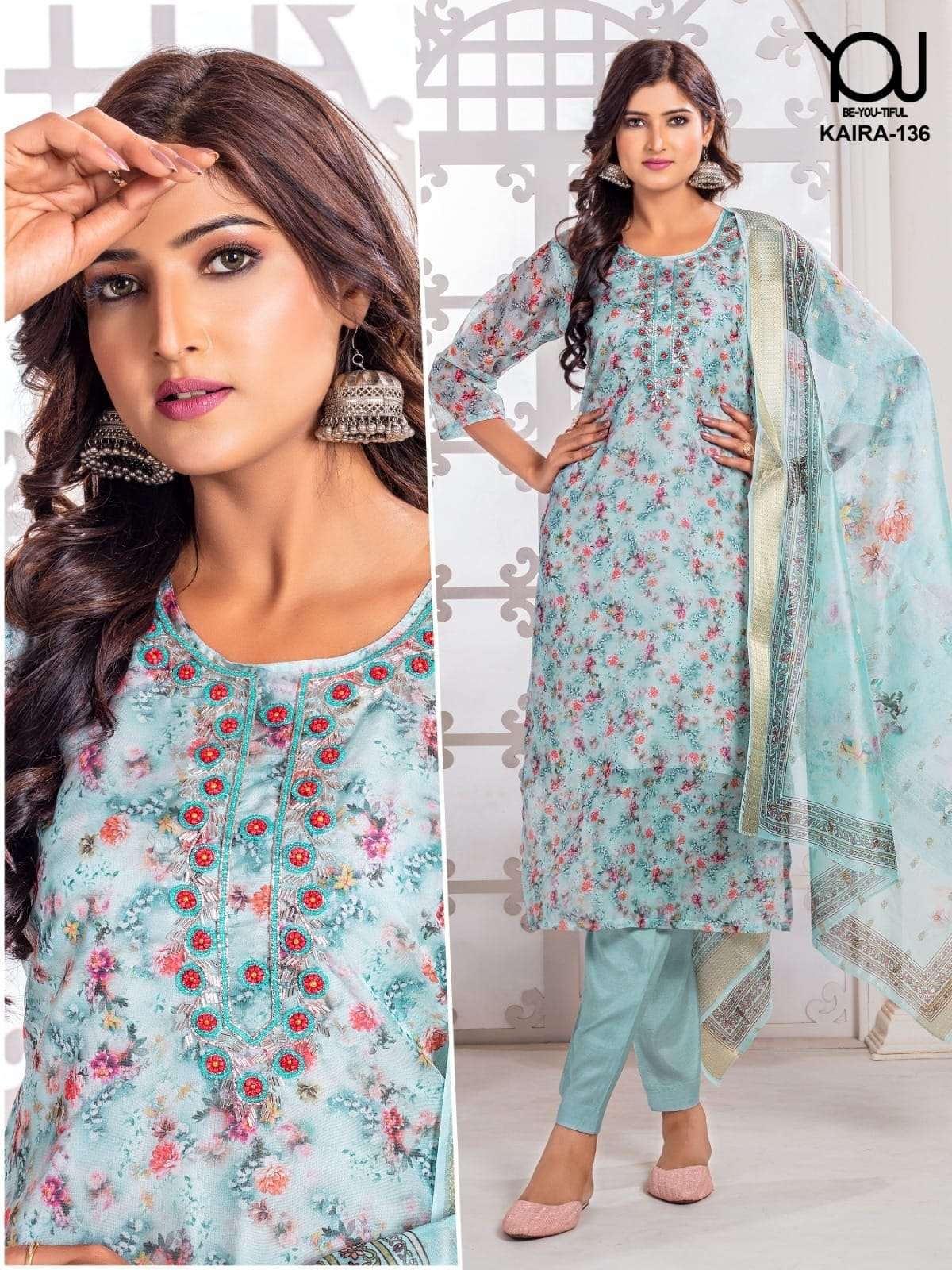 KAIRA HEAVY ORGANZA FABRIC PRINTED EMBROIDERY WORK KURTI WITH PANT AND FANCY DUPATTA BY WANNA BRAND ...
