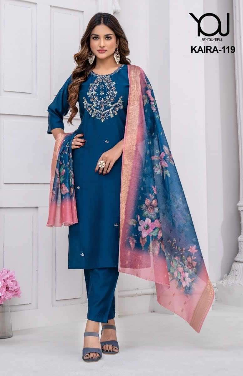 KAIRA ROMAN SILK EMBROIDERY AND HANDWORK KURTI WITH PANT AND FANCY DUPATTA BY WANNA BRAND WHOLESALER...