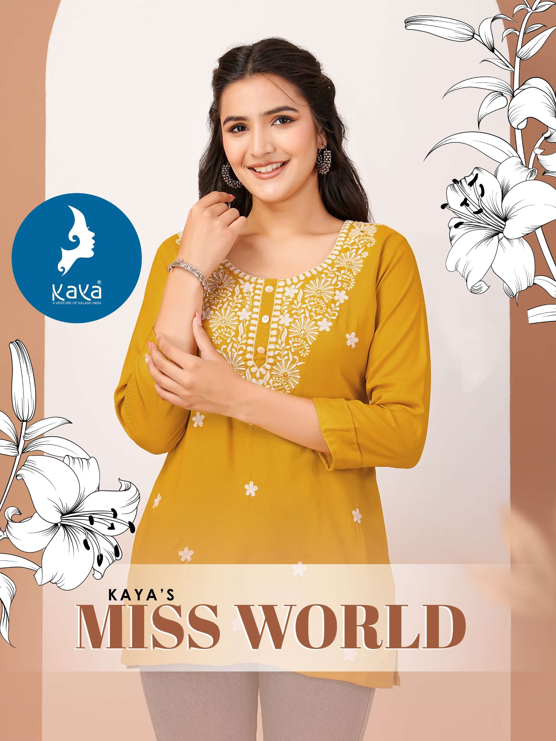 MISS WORLD RAYON FANCY WORK SHORT TOP BY KAYA KURTI BRAND WHOLESALER AND DEALER