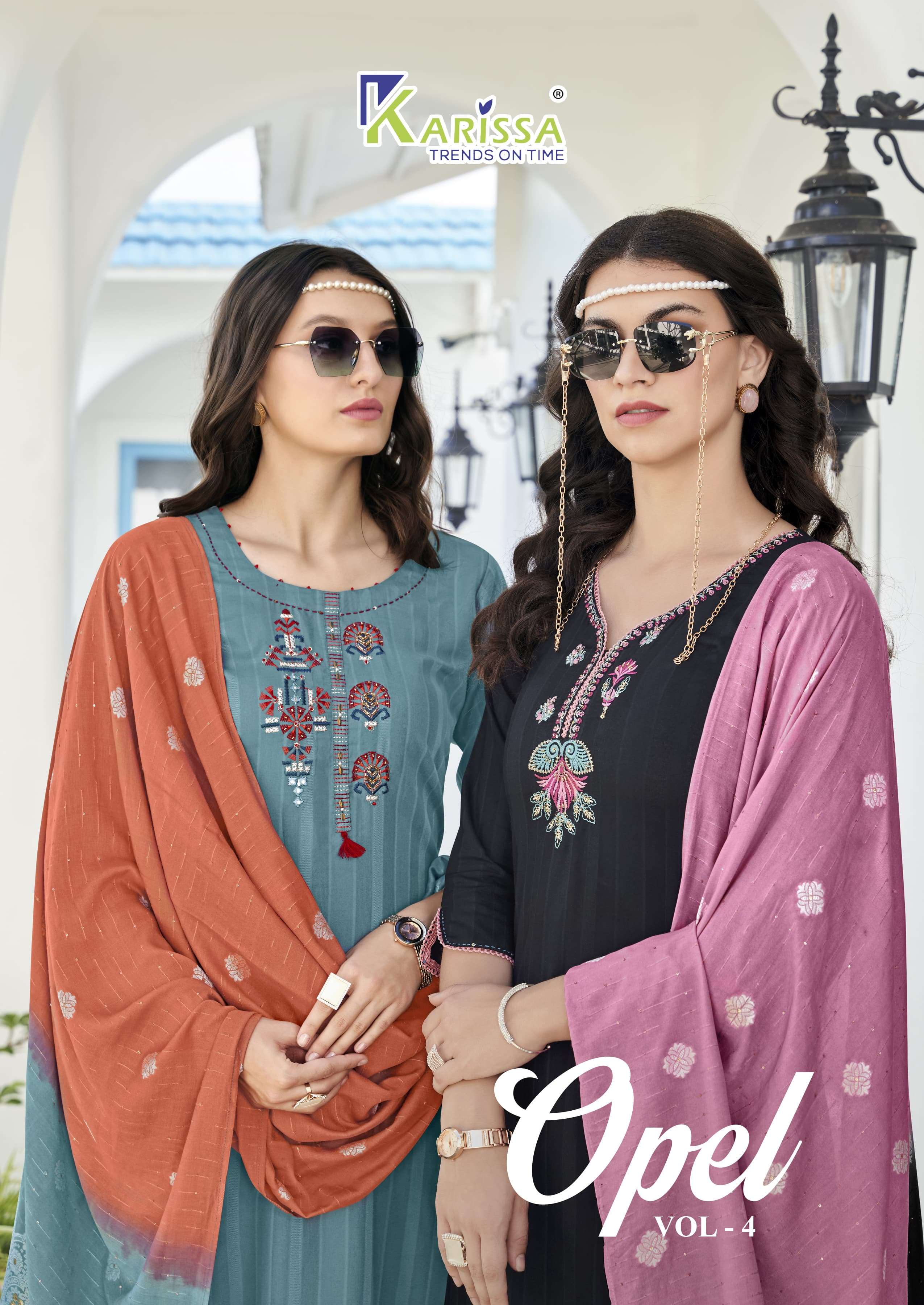 OPEL VOL 4 LIVA PREMIUM VISCOSE RAYON WEAVING THREAD AND HANDWORK KURTI WITH PANT AND MASLIN DUPATTA...