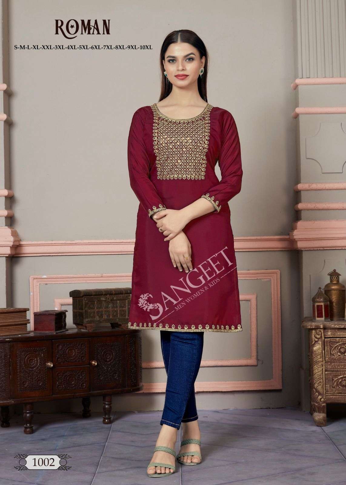 ROMAN ROMAN SILK GOLD EMBROIDERY SEQUENCE WORK SHORT KURTI BY S3FOREVER BRAND WHOLESALER AND DEALER