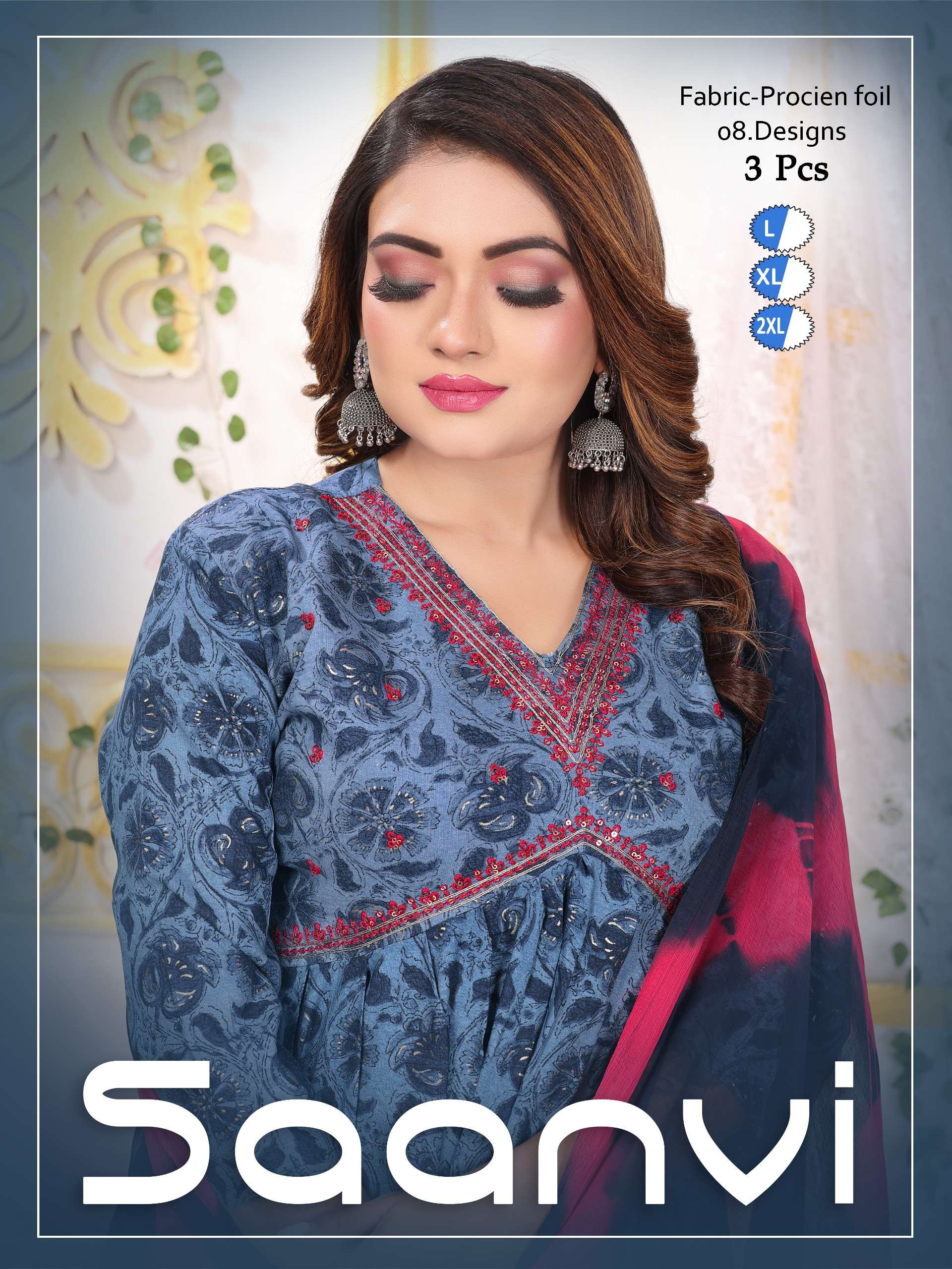 SAANVI HEAVY RAYON PROCIAN PRINT EMBROIDERY WORK KURTI WITH PANT AND NAZMEEN DUPATTA BY FASHION TALK...