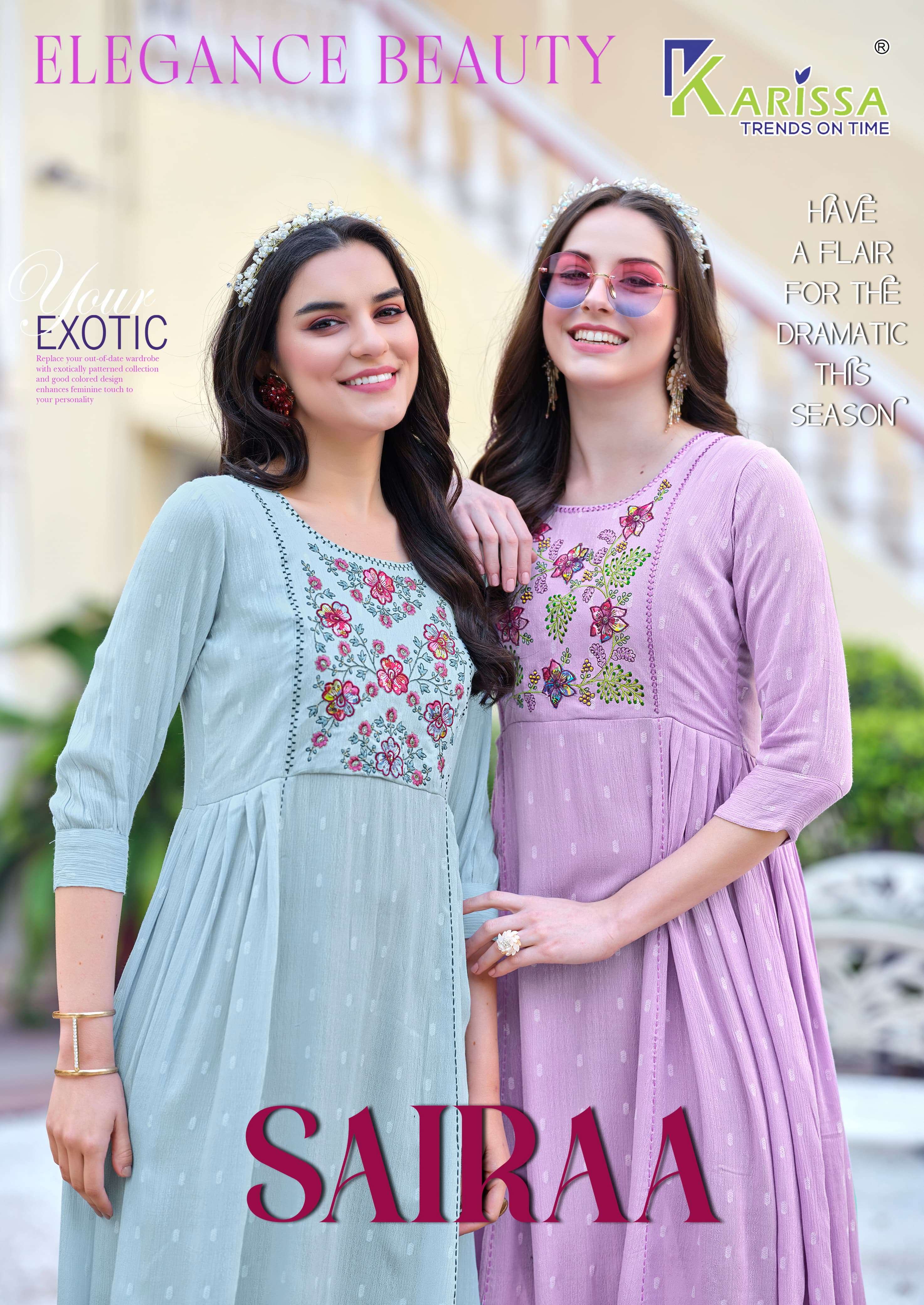 SAIRAA PREMIUM LIVA RAYON WRINKLES JACQUARD BUTTI THREAD WORK WITH HAND WORK FANCY A LINE KURTI BY K...