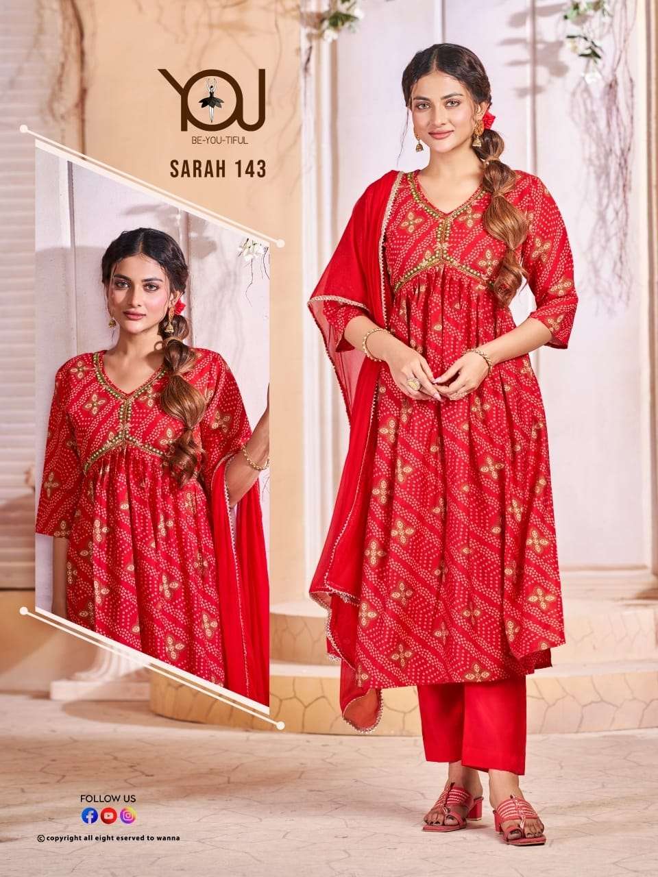 SARAH MODAL HANDWORK ALIYA CUT KURTI WITH PANT AND NAZMIN DUPATTA BY WANNA BRAND WHOLESALER AN DEALE...