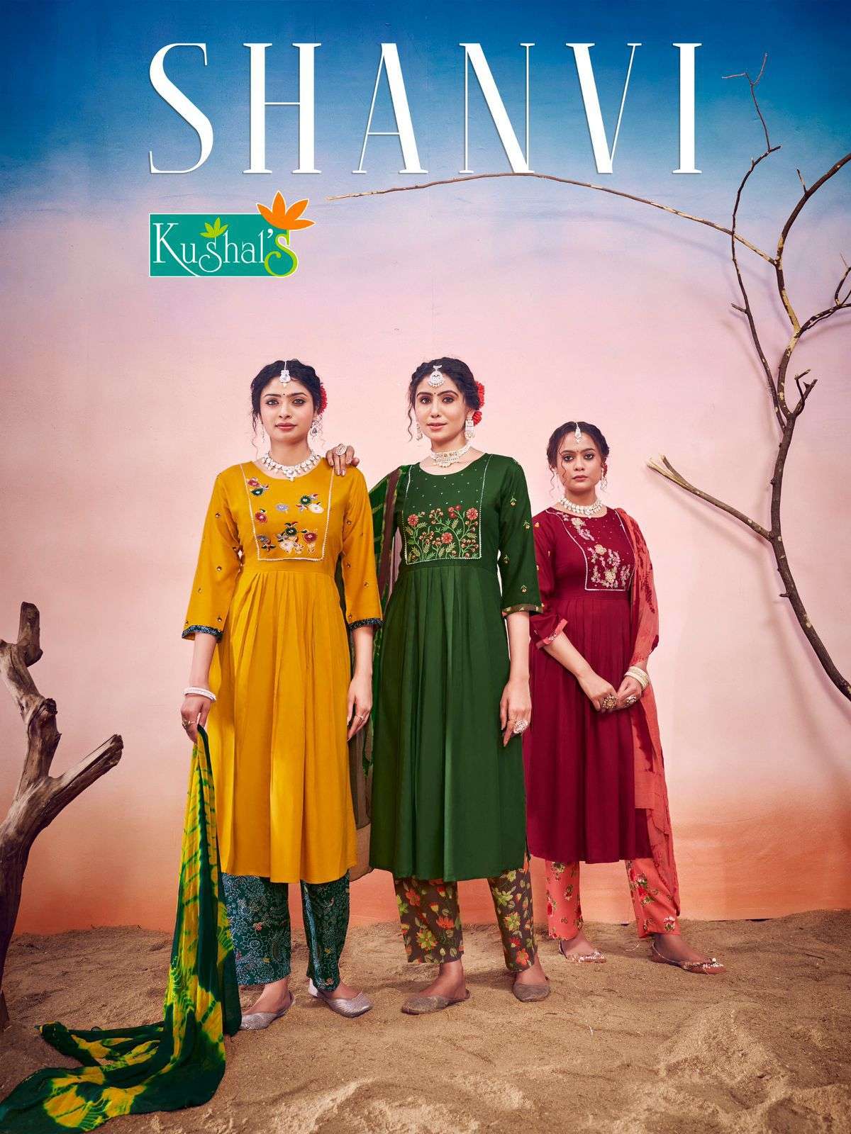 SHANVI RAYON NYRA CUT EMBROIDERY AND HANDWORK KURTI WITH PANT AND NAZMIN LEHRIYA DUPATTA BY KUSHAL B...