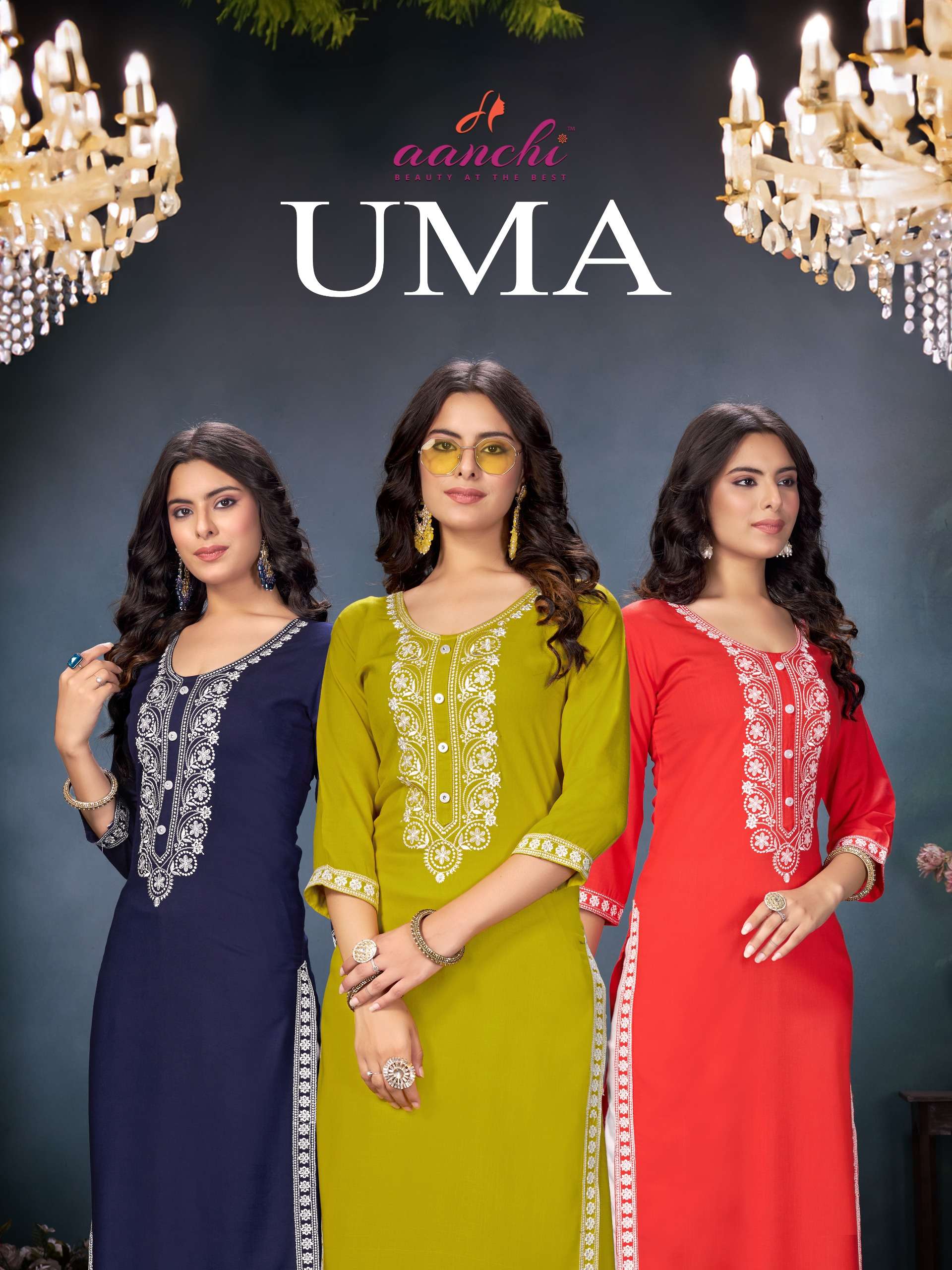 UMA RAYON SLUB WHITE EMBROIDERY WORK STRAIGHT CUT KURTI BY AANCHI KURTI BRAND WHOLESALER AND DEALER