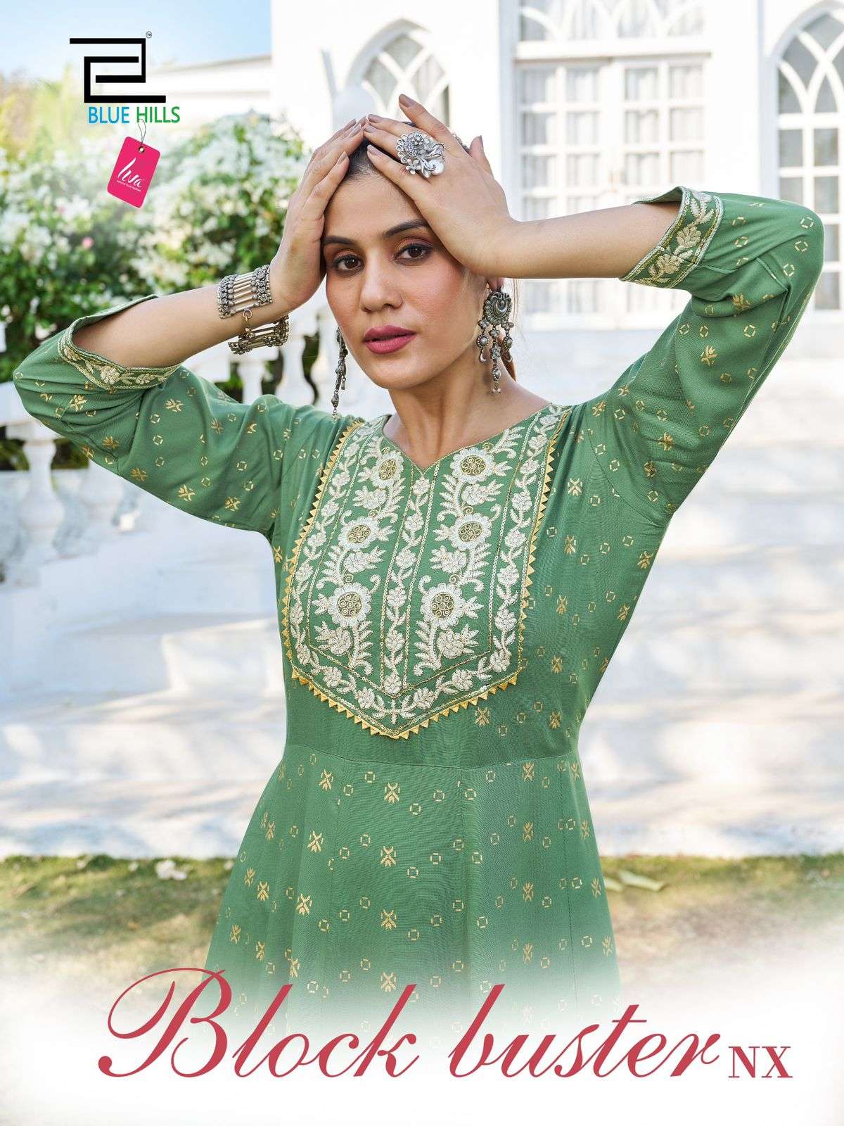 BLOCK BUSTER NX RAYON 14 KG FOIL PRINT EMBROIDERY WORK LONG GOWN KURTI BY BLUE HILLS BRAND WHOLESALE...