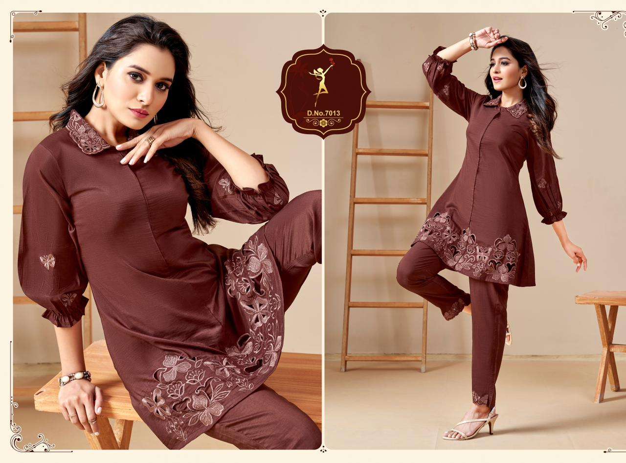 CO ORD SET VOL 1 CHINNON SOLID WITH APPLIQUE EMBROIDERY WORK DESIGNER CO ORD SET BY FOUR ROSES BRAND...