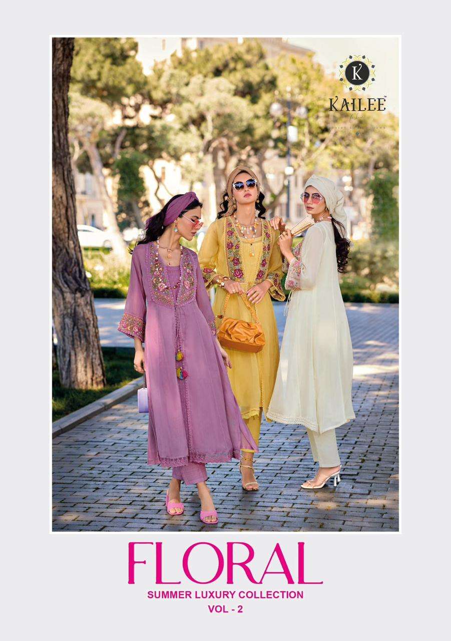 FLORAL VOL 2 VISCOSE ORGENJA SILK THERED AND HANDWORK KURTI WITH COTTON PANT AND KOTI BY KAILEE FASH...