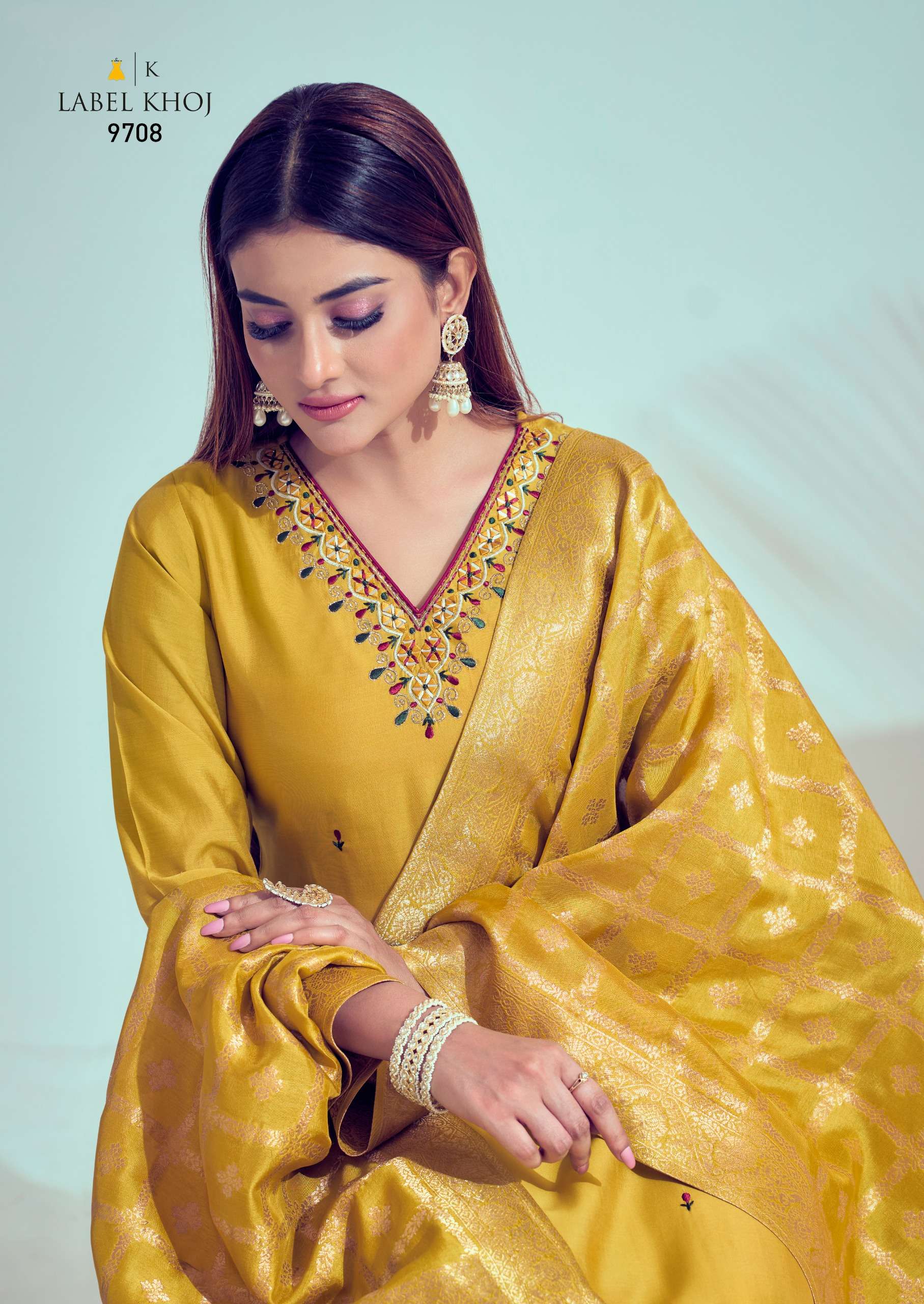 KHAZANA ROMAN SILK MIRROR OR CORD EMBROIDERY WORK KURTI WITH PANT AND BANARASI DUPATTA BY LABEL KHOJ...