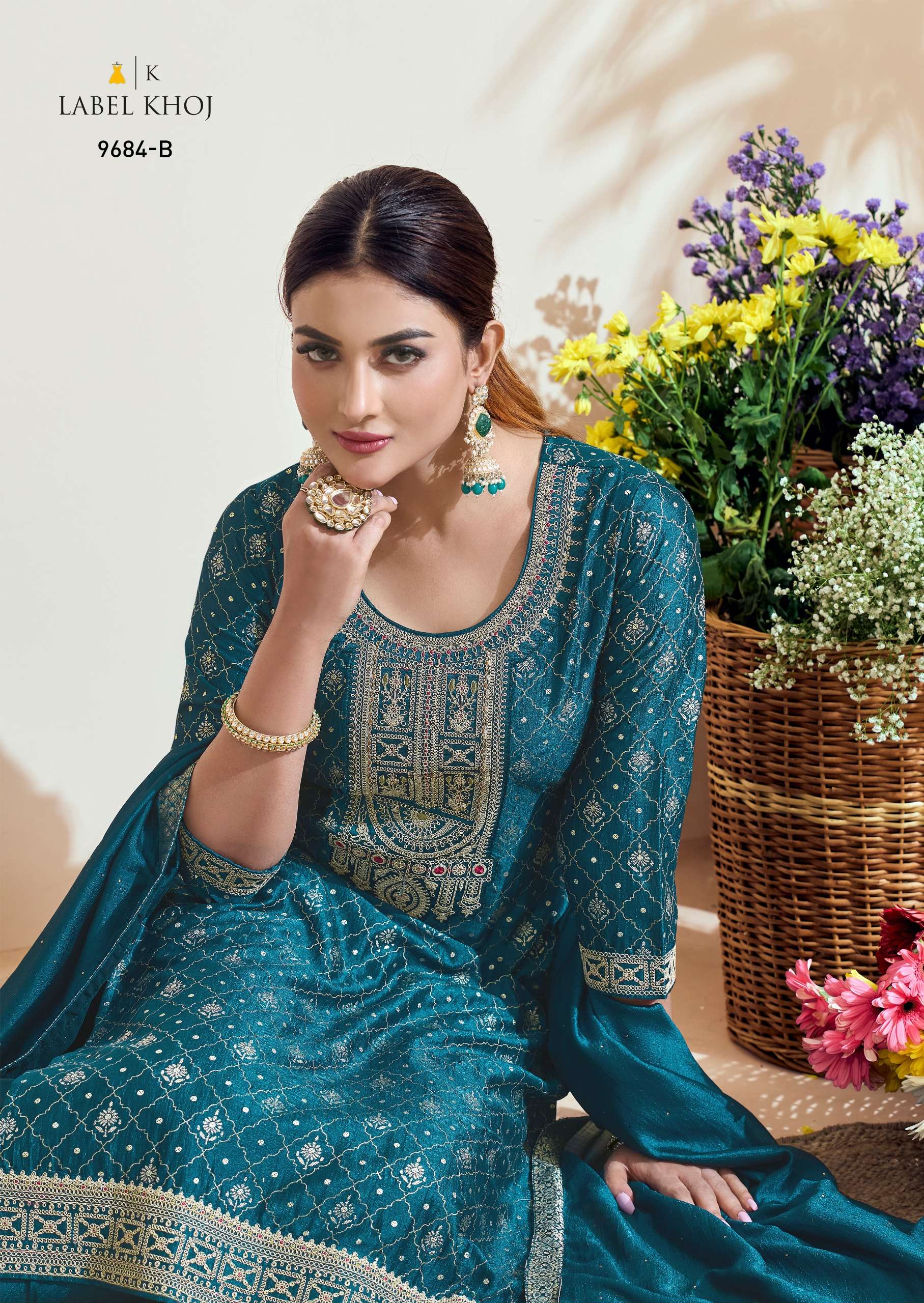 KHAZANA VOL 2 ROMAN SILK MIRROR OR CORD EMBROIDERY WORK KURTI WITH PANT AND BANARASI DUPATTA BY LABE...