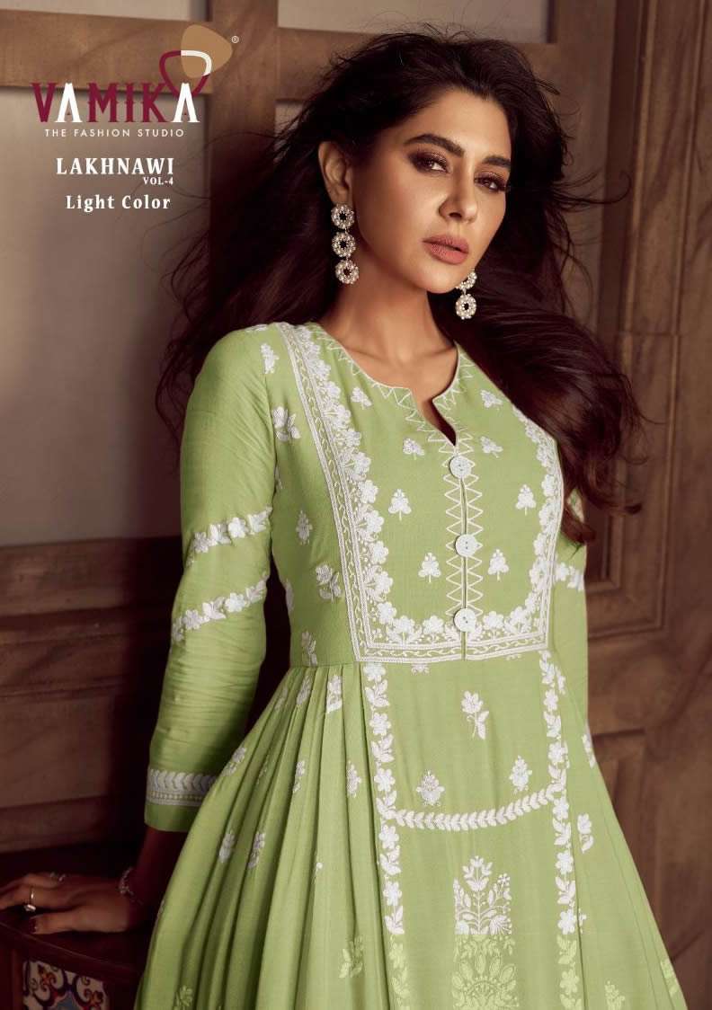 LAKHNAWI VOL 4 LIGHT COLOR HEAVY RAYON LAKHNAWI WORK KURTI WITH PLAZZO AND NAZMIN DUPATTA BY VAMIKA ...