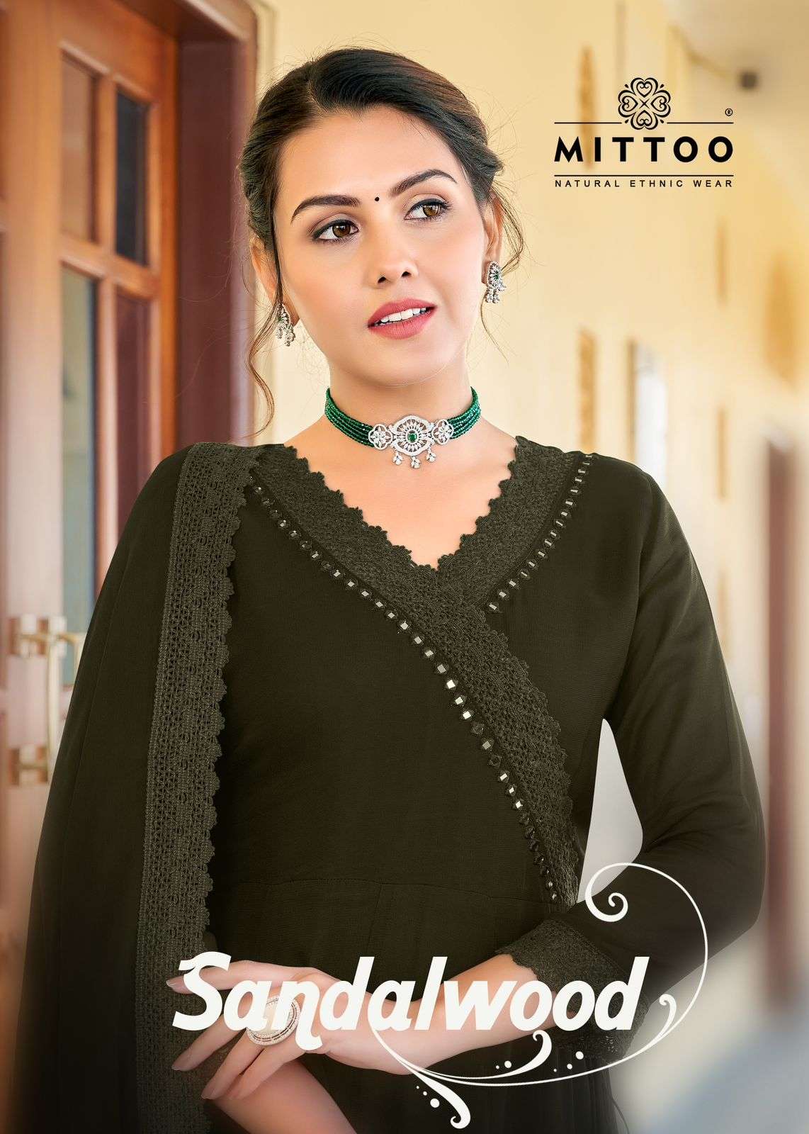 SANDALWOOD PURE GEORGETTE EMBROIDERY WORK KURTI WITH PURE GEORGETTE PLAZO AND DUPATTA BY MITTOO BRAN...