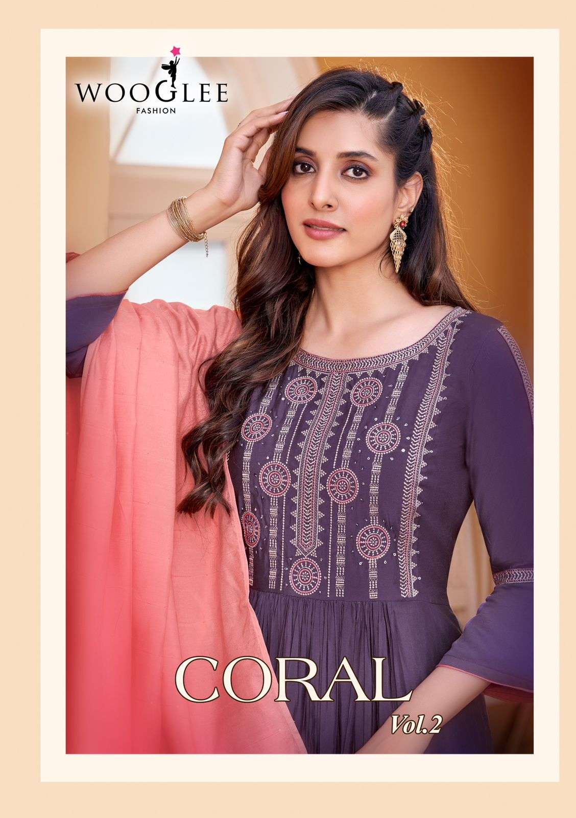 CORAL VOL 2 RAYON WEAVING EMBROIDERY AND HANDWORK KURTI WITH PANT AND MASLINE DUPATTA BY WOOGLEE BRA...