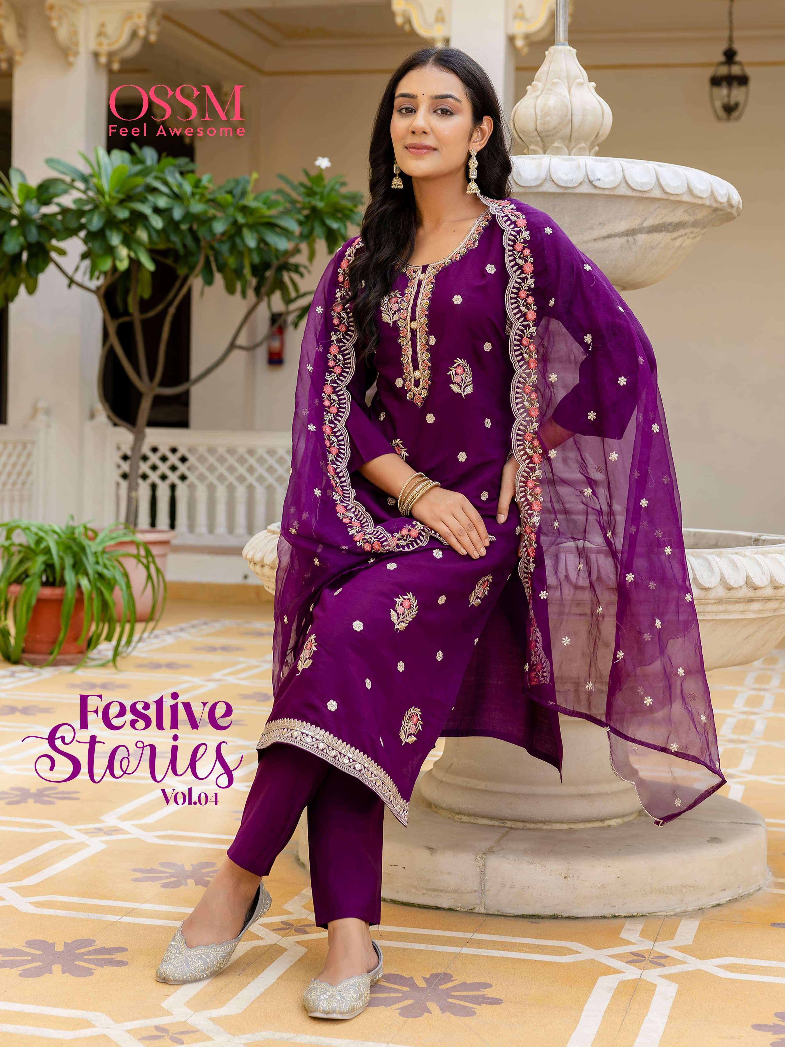 FESTIVE STORIES VOL 4 VISCOS ROMAN SILK EMBROIDERY AND HANDWORK KURTI WITH PANT AND ORGANZA DUPATTA ...