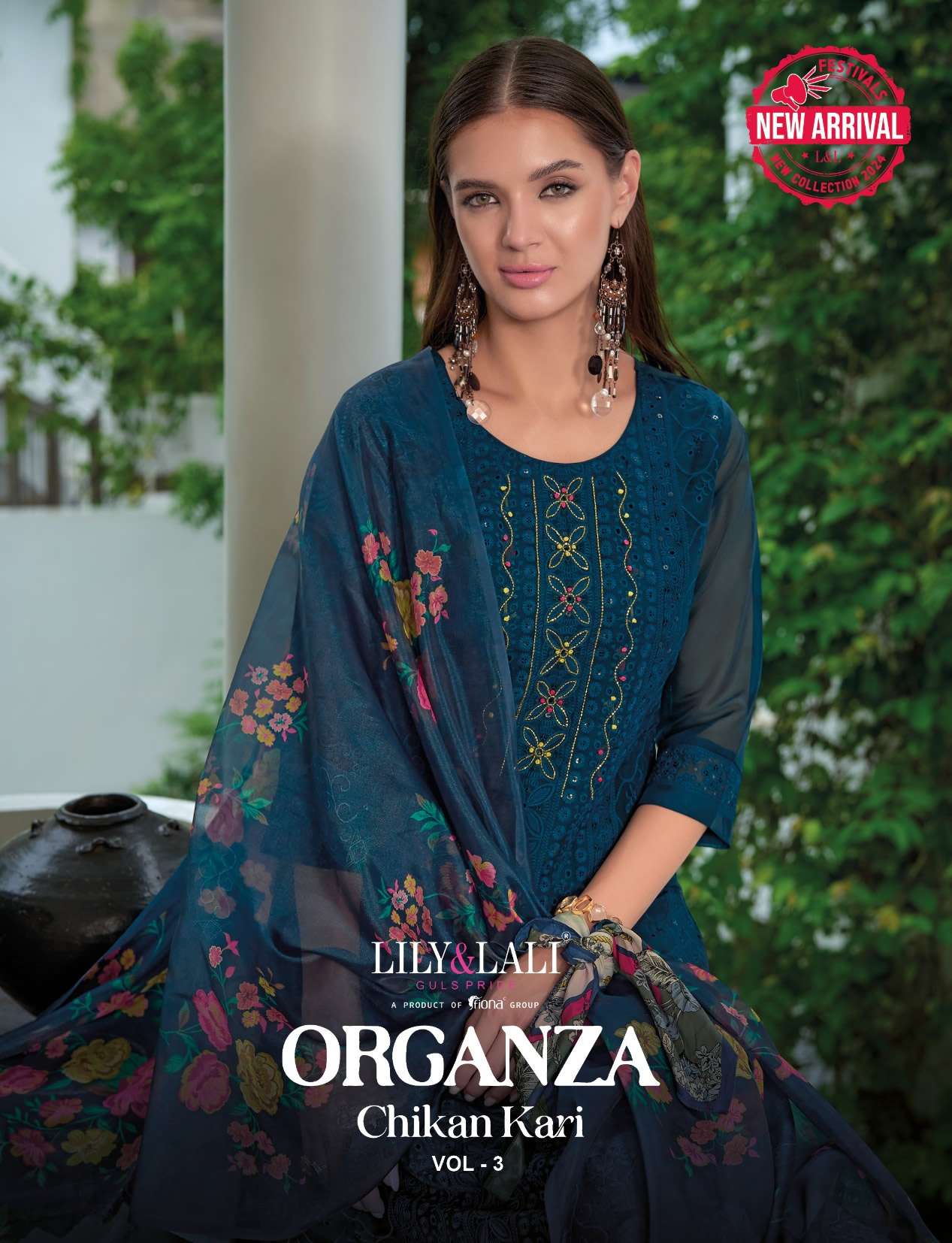 ORGANZA CHIKANKARI VOL 3 SCHIFFLI ORGANZA HANDWORK KURTI WITH PANT AND DUPATTA BY LILY AND LALI BRAN...