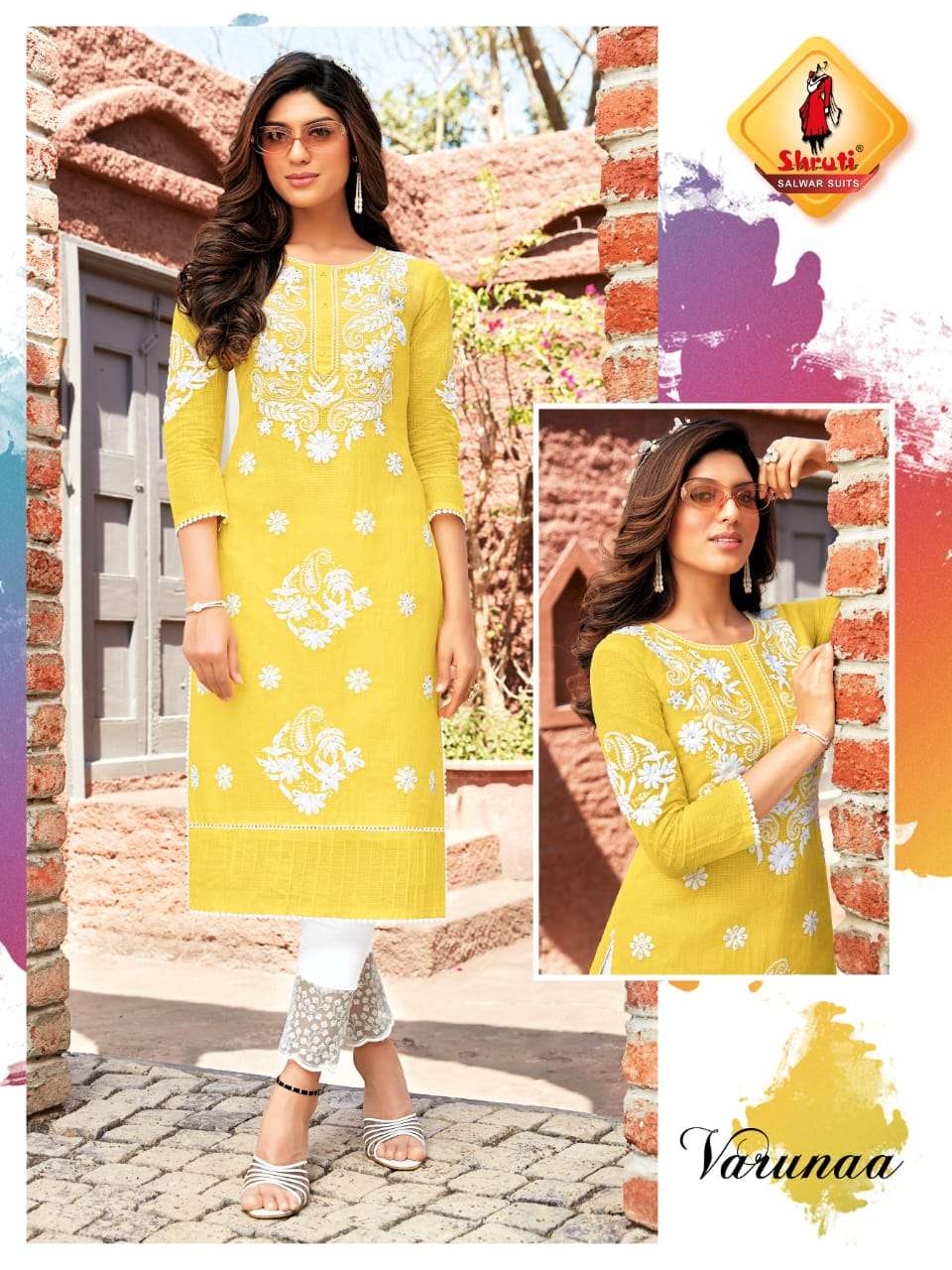 PAHELI VOL 5 PURE COTTON LINEN THREAD AND MIRROR EMBROIDERY WORK KURTI AND  COTTON FLEX WITH CHICKEN BORING PANT BY SHRUTI SUIT WHOLESALER AND DEALER