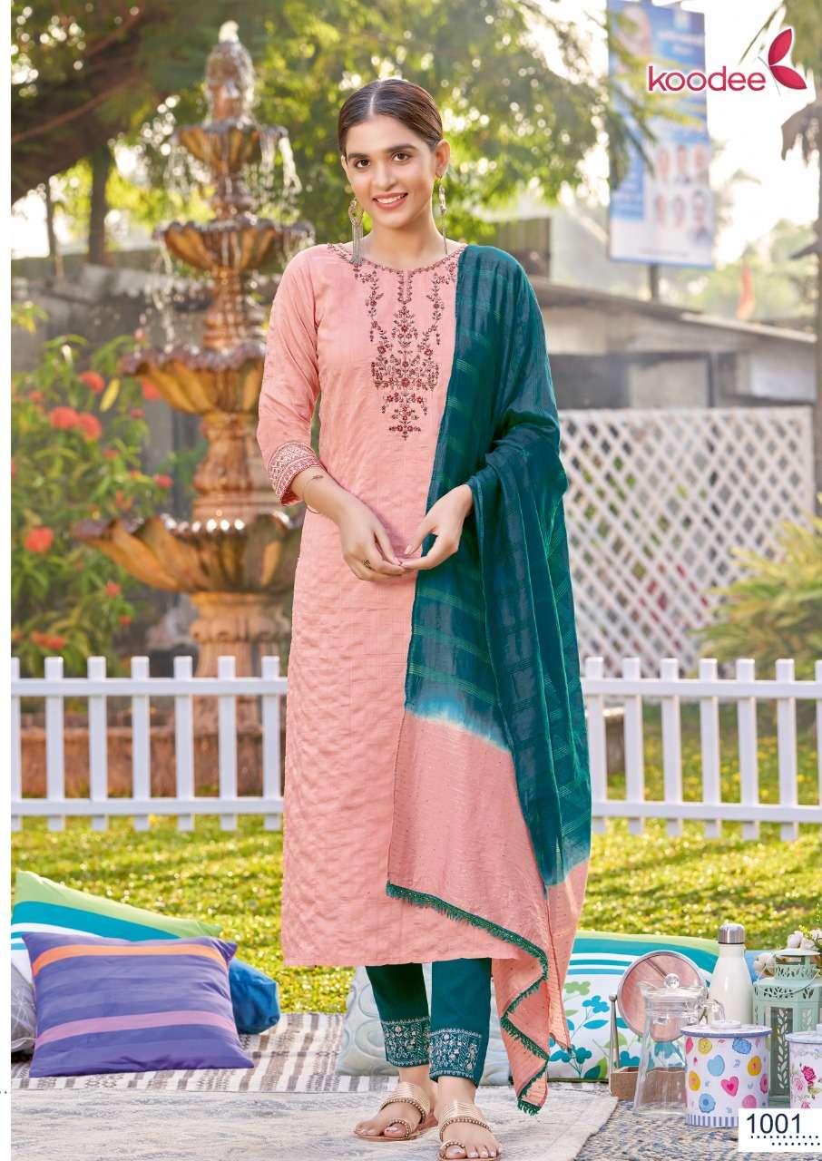 Koodee-Riya-3-Viscose-Dobby-Stripe-Embroidery-Khatli-Work-Kurti-Cotton-Slub-Lycra-Embroidery-Work-Pant-Jacquard-Dobby-Sequence-Work-Dupatta-1001