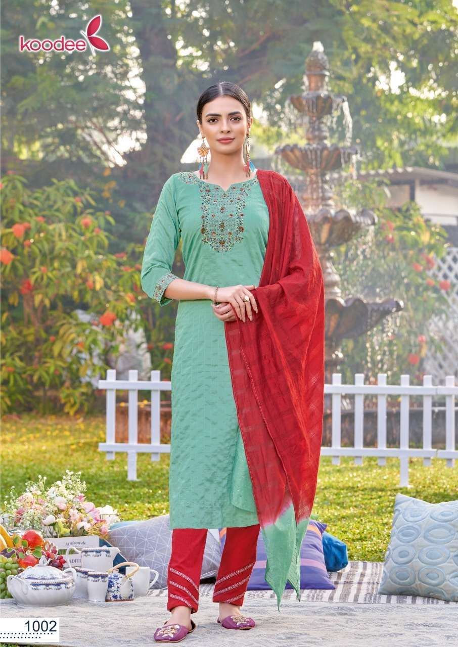 Koodee-Riya-3-Viscose-Dobby-Stripe-Embroidery-Khatli-Work-Kurti-Cotton-Slub-Lycra-Embroidery-Work-Pant-Jacquard-Dobby-Sequence-Work-Dupatta-1002