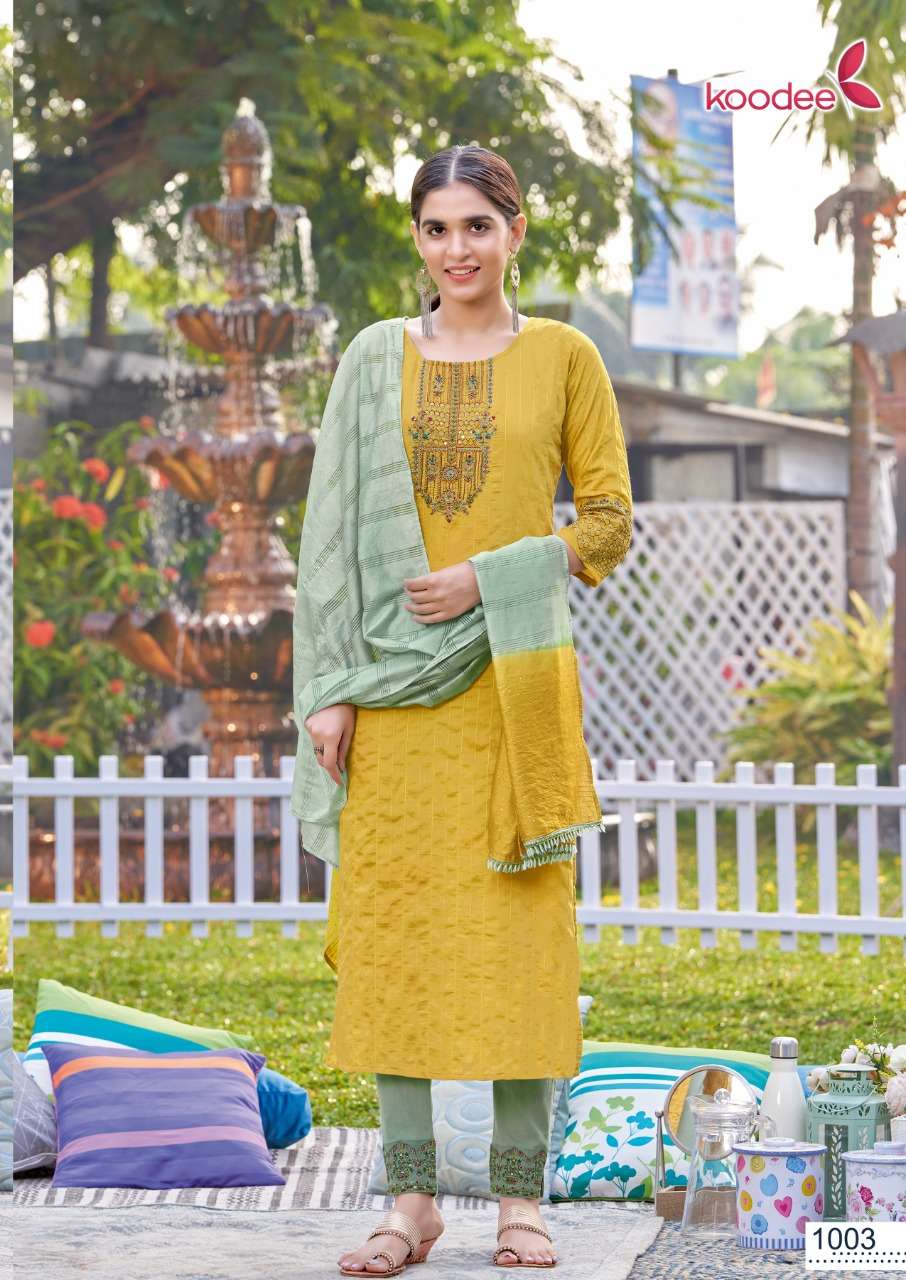 Koodee-Riya-3-Viscose-Dobby-Stripe-Embroidery-Khatli-Work-Kurti-Cotton-Slub-Lycra-Embroidery-Work-Pant-Jacquard-Dobby-Sequence-Work-Dupatta-1003