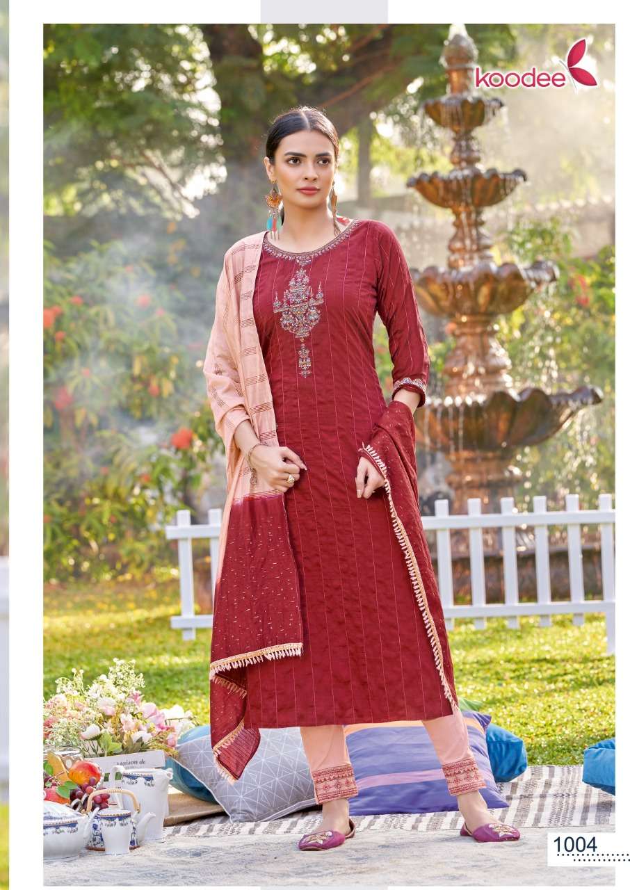 Koodee-Riya-3-Viscose-Dobby-Stripe-Embroidery-Khatli-Work-Kurti-Cotton-Slub-Lycra-Embroidery-Work-Pant-Jacquard-Dobby-Sequence-Work-Dupatta-1004