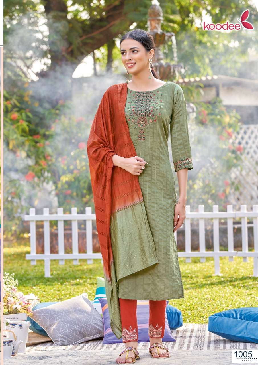 Koodee-Riya-3-Viscose-Dobby-Stripe-Embroidery-Khatli-Work-Kurti-Cotton-Slub-Lycra-Embroidery-Work-Pant-Jacquard-Dobby-Sequence-Work-Dupatta-1005