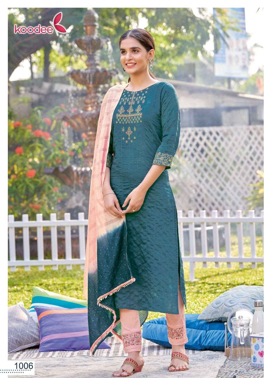 Koodee-Riya-3-Viscose-Dobby-Stripe-Embroidery-Khatli-Work-Kurti-Cotton-Slub-Lycra-Embroidery-Work-Pant-Jacquard-Dobby-Sequence-Work-Dupatta-1006