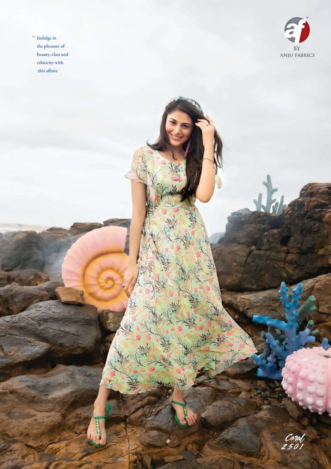 CORAL BY AF BRAND VISCOSE PREMIUM CHIFFON PRINTED LONG ONE PIECE LONG DRESS KURTI WITH FANCY BROOCH WHOLESALER AND DEALER
