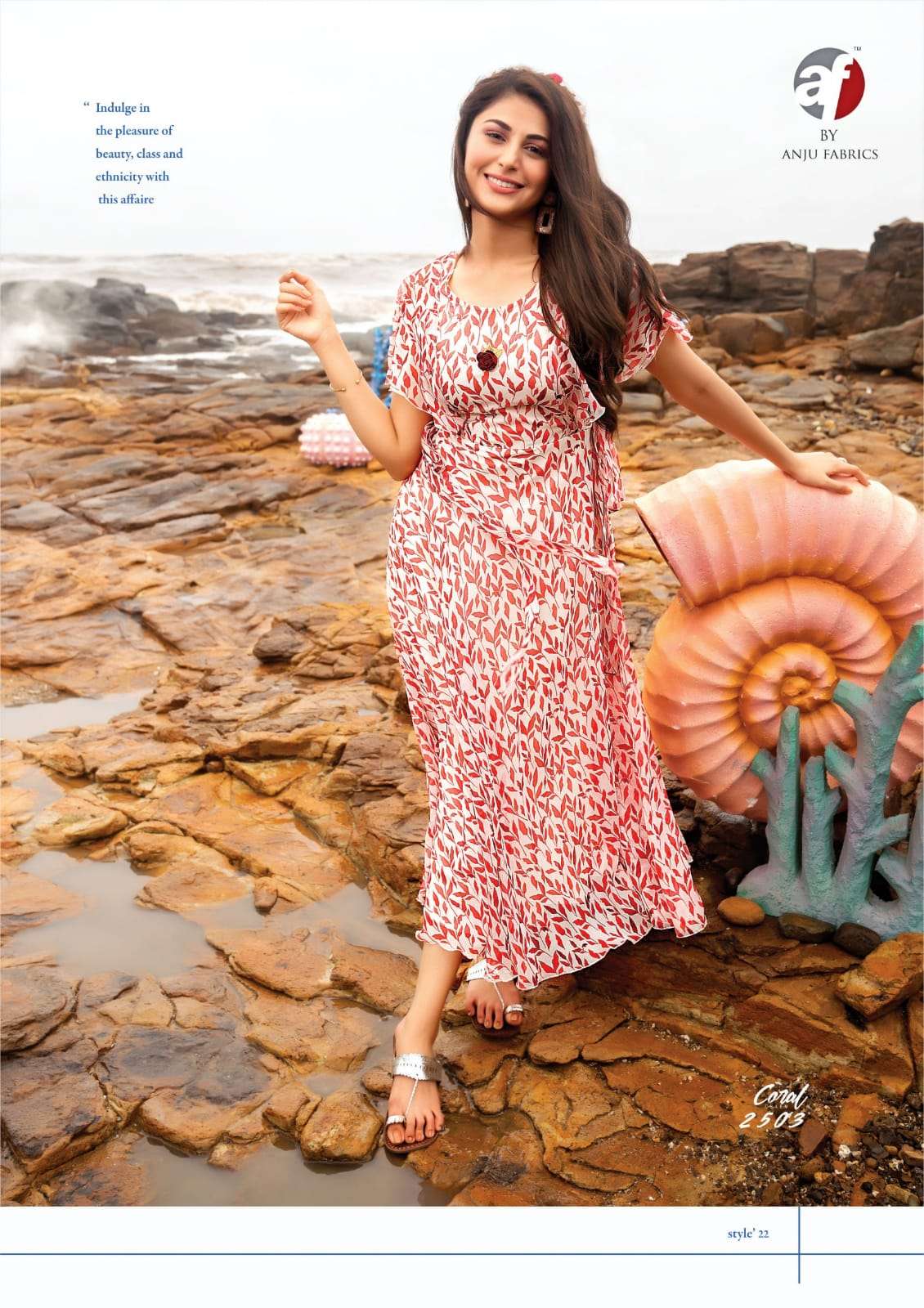 CORAL BY AF BRAND VISCOSE PREMIUM CHIFFON PRINTED LONG ONE PIECE LONG DRESS KURTI WITH FANCY BROOCH WHOLESALER AND DEALER