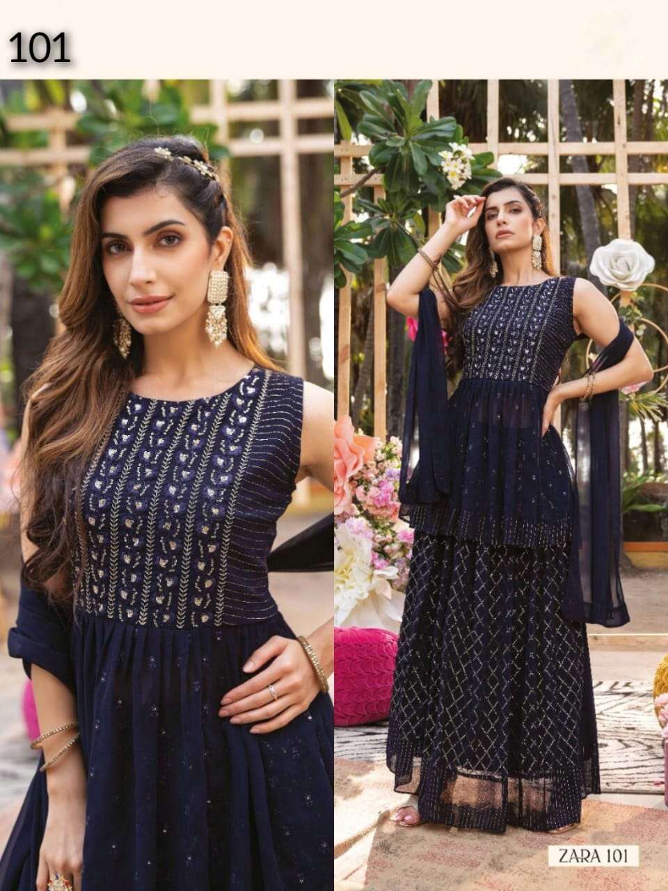 ZARA BY S3FOREVER BRAND PREMIUM BAMBER GEORGETTE HEAVY HAND WORK KURTI WITH SHARARA AND FANCY DUPATTA WHOLESALER AND DEALER