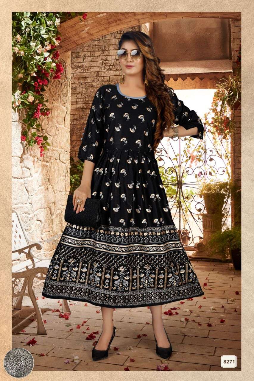 MAHARANI BY S3FOREVER BRAND HEAVY RAYON WITH CLASSY FOIL PRINT FROCK STYLE FLAIRY KURTI WHOLESALER AND DEALER