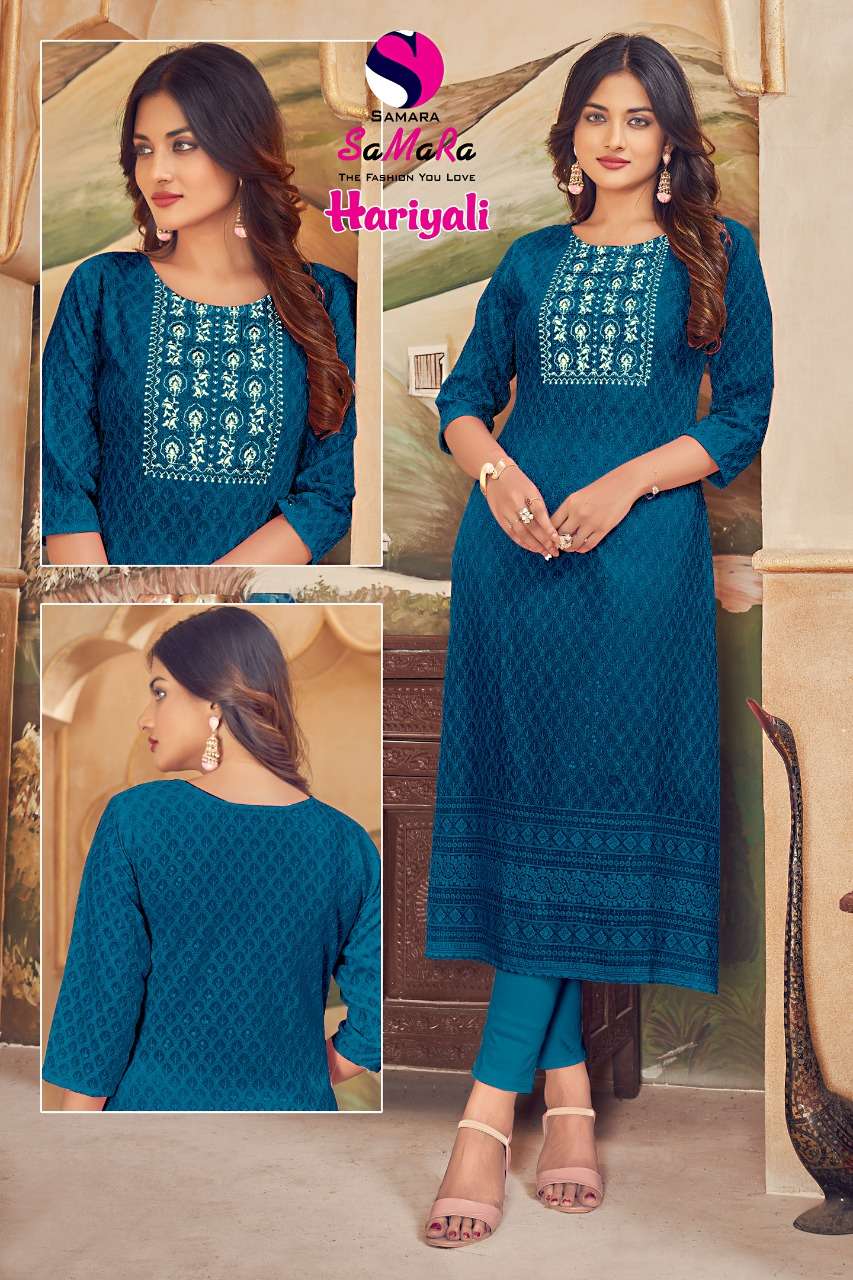 Samara-hariyali-fabric-rayon-shiffli-work-front-back-work-with-neck-work-long-fancy-kurti-1009
