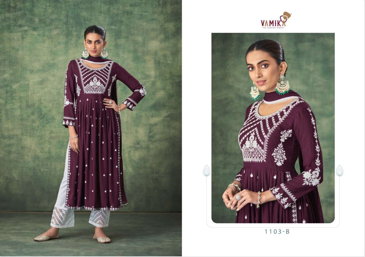 Vamika-aadhira-fabric-pure-rayon-viscose-embroidery-Work-long-kurti-cotton-lycra-tissu-net-work-pant-Nazmin-4side-border-gpu-less-dupatta-1103-B