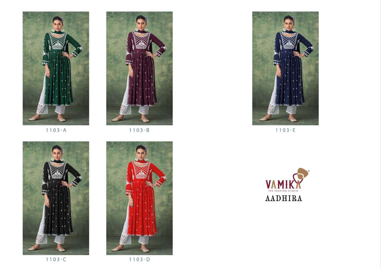 Vamika-aadhira-fabric-pure-rayon-viscose-embroidery-Work-long-kurti-cotton-lycra-tissu-net-work-pant-Nazmin-4side-border-gpu-less-dupatta-Index