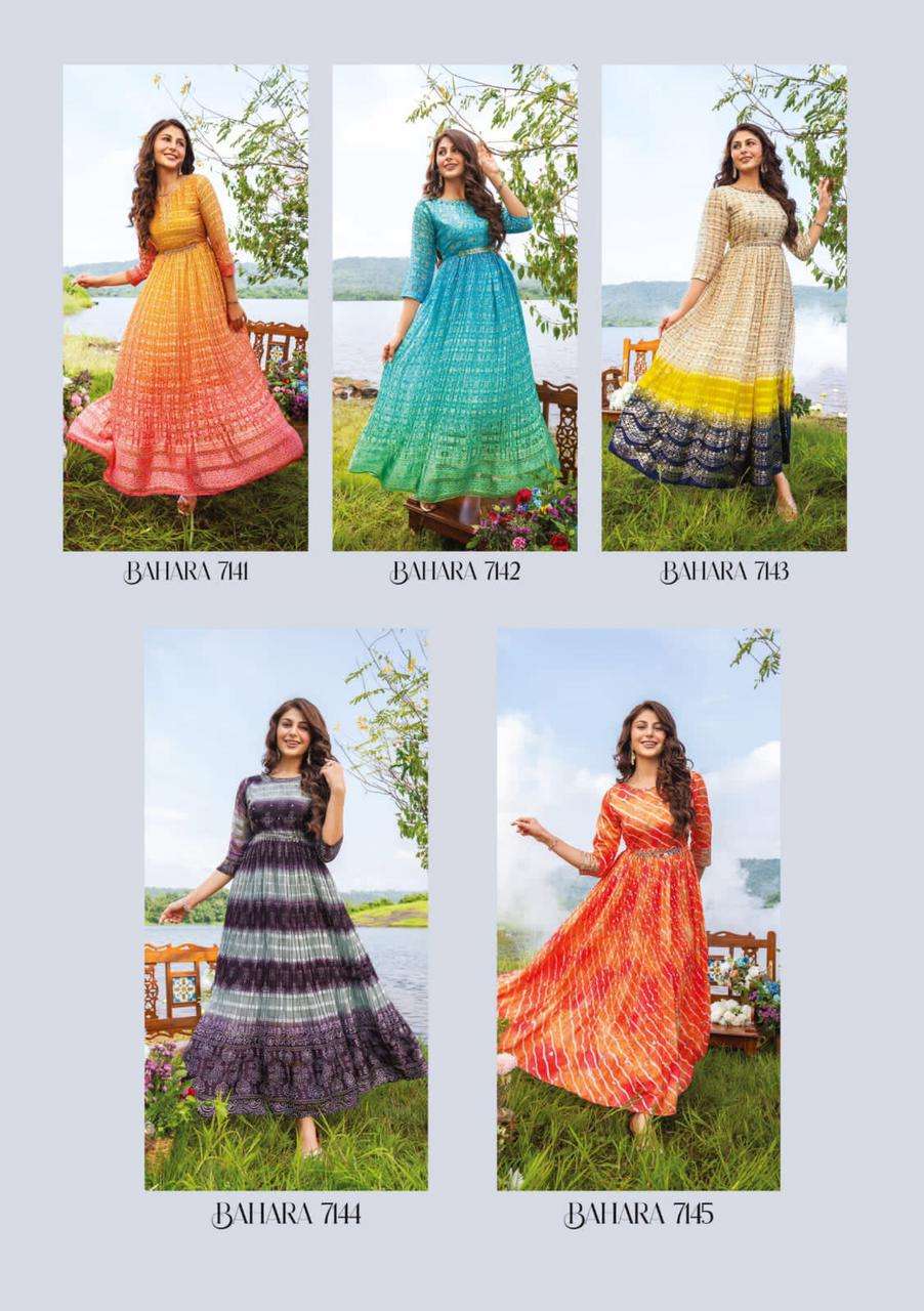 Af-Bahara-Pure-Georgette-Satin-Strip-Laheriya-Bandhani-Print-Hand-Work-Long-Gown-Kurti-Hand-Work-Belt-Collage